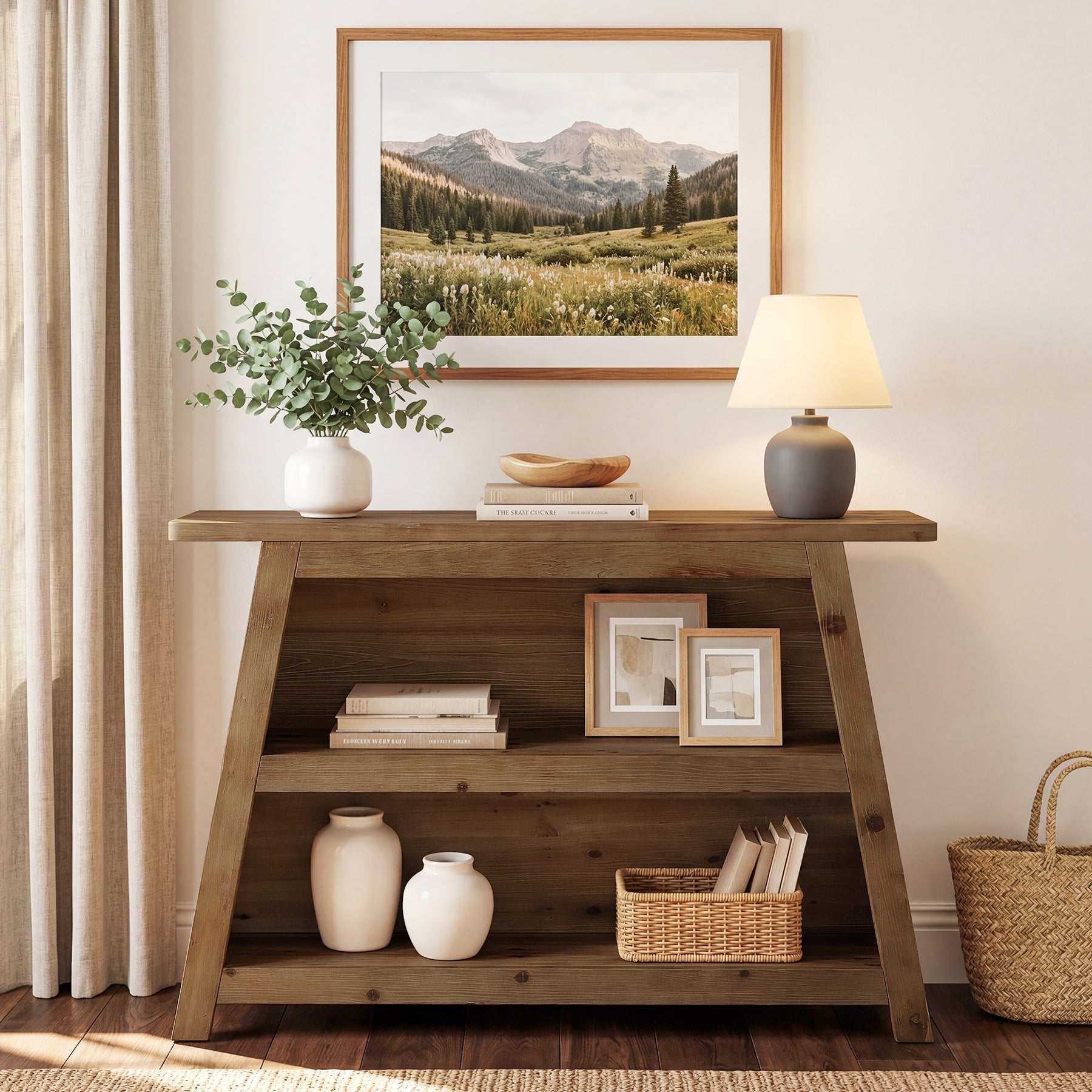 Tribesigns Console en bois massif de 120 cm, Table d'entrée à 3 niveaux de style champêtre avec étagères