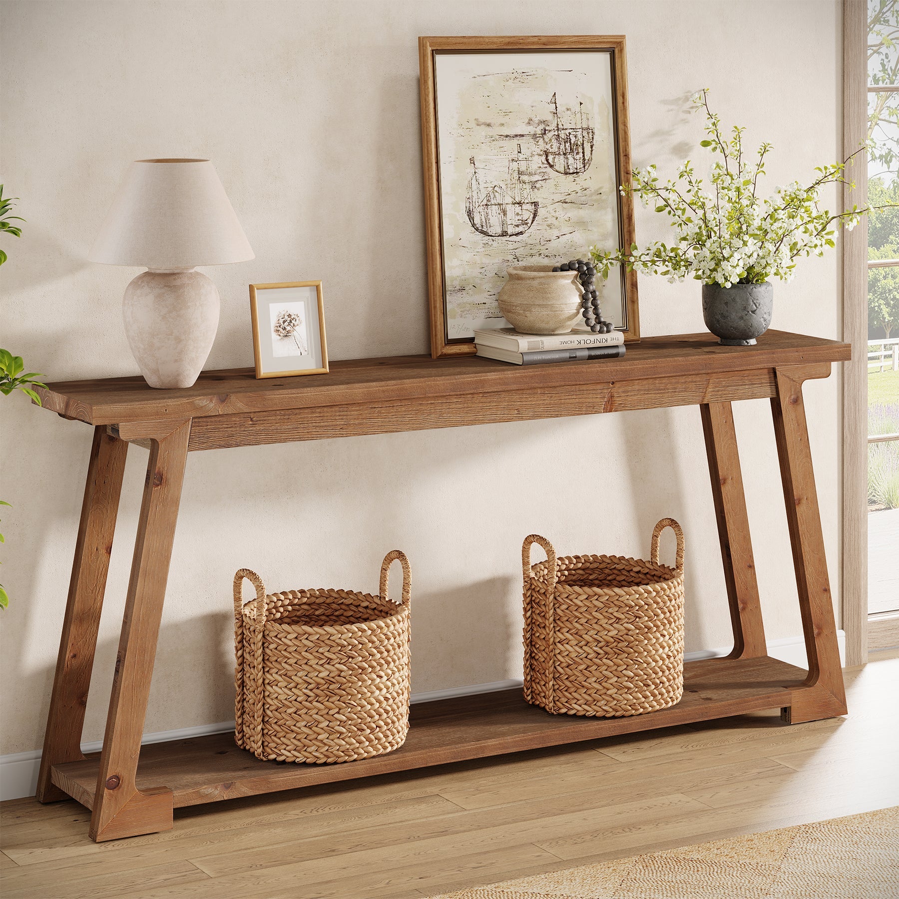 Tribesigns Console en bois massif de 160 cm à placer derrière un canapé avec 2 étagères, Table basse longue et étroite idéale pour le salon et l'entrée