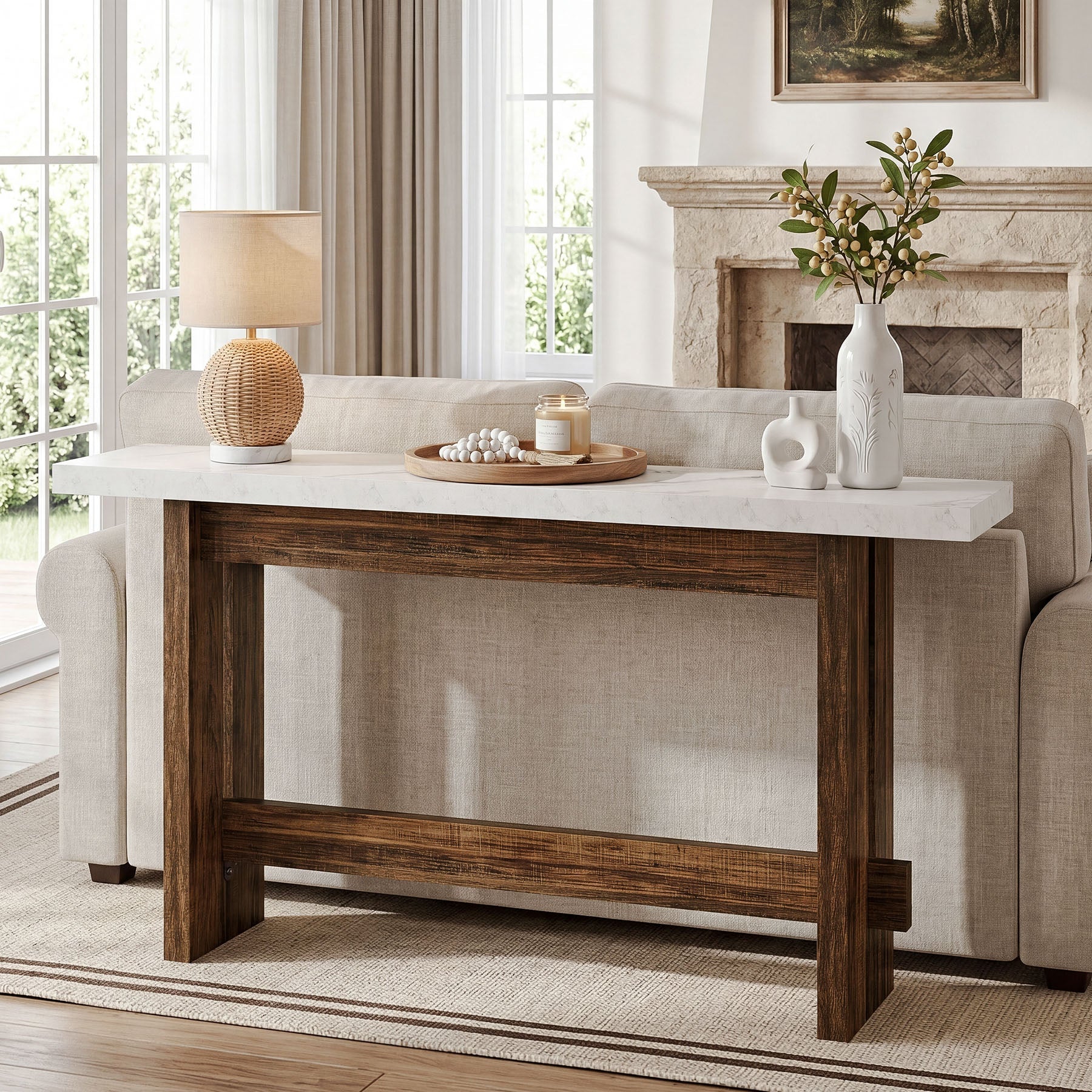 Tribesigns Console de style campagnard de 160 cm avec plateau aspect marbre, Table d'appoint étroite pour entrée et salon