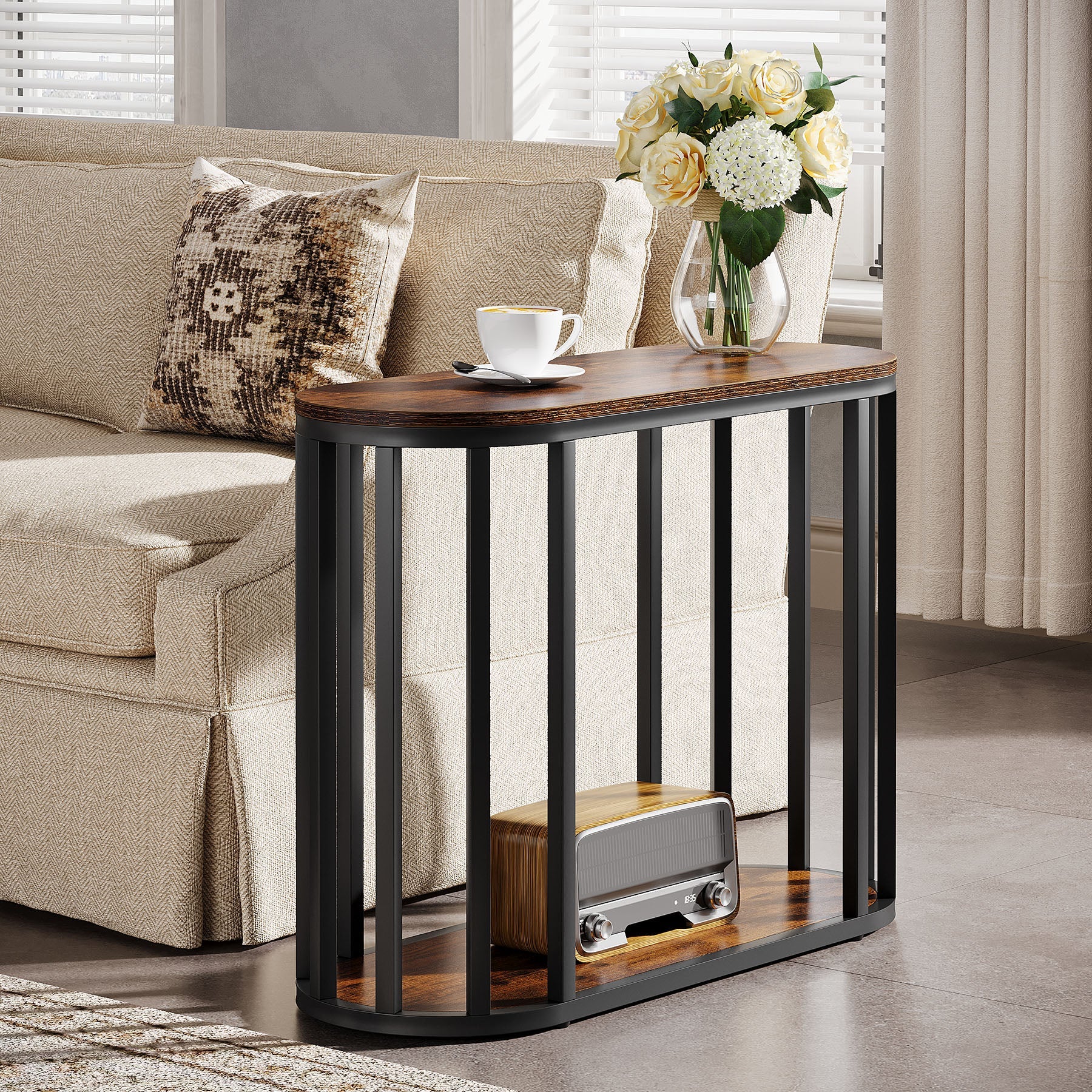 Tribesigns Table d'appoint étroite avec étagère, Table de chevet à deux niveaux de style industriel