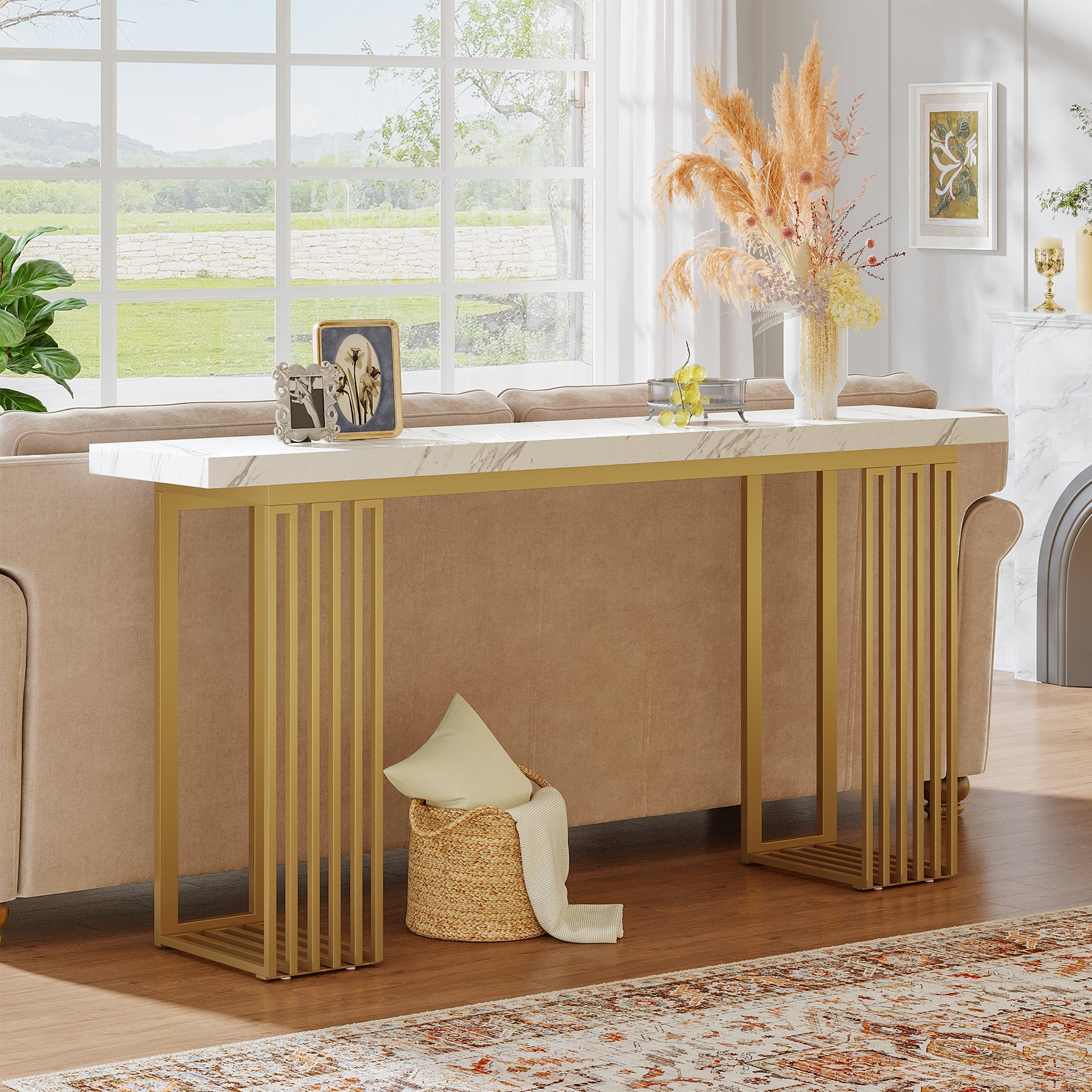 Tribesigns Console étroite de 160 cm avec plateau aspect marbre blanc et piètement en métal doré