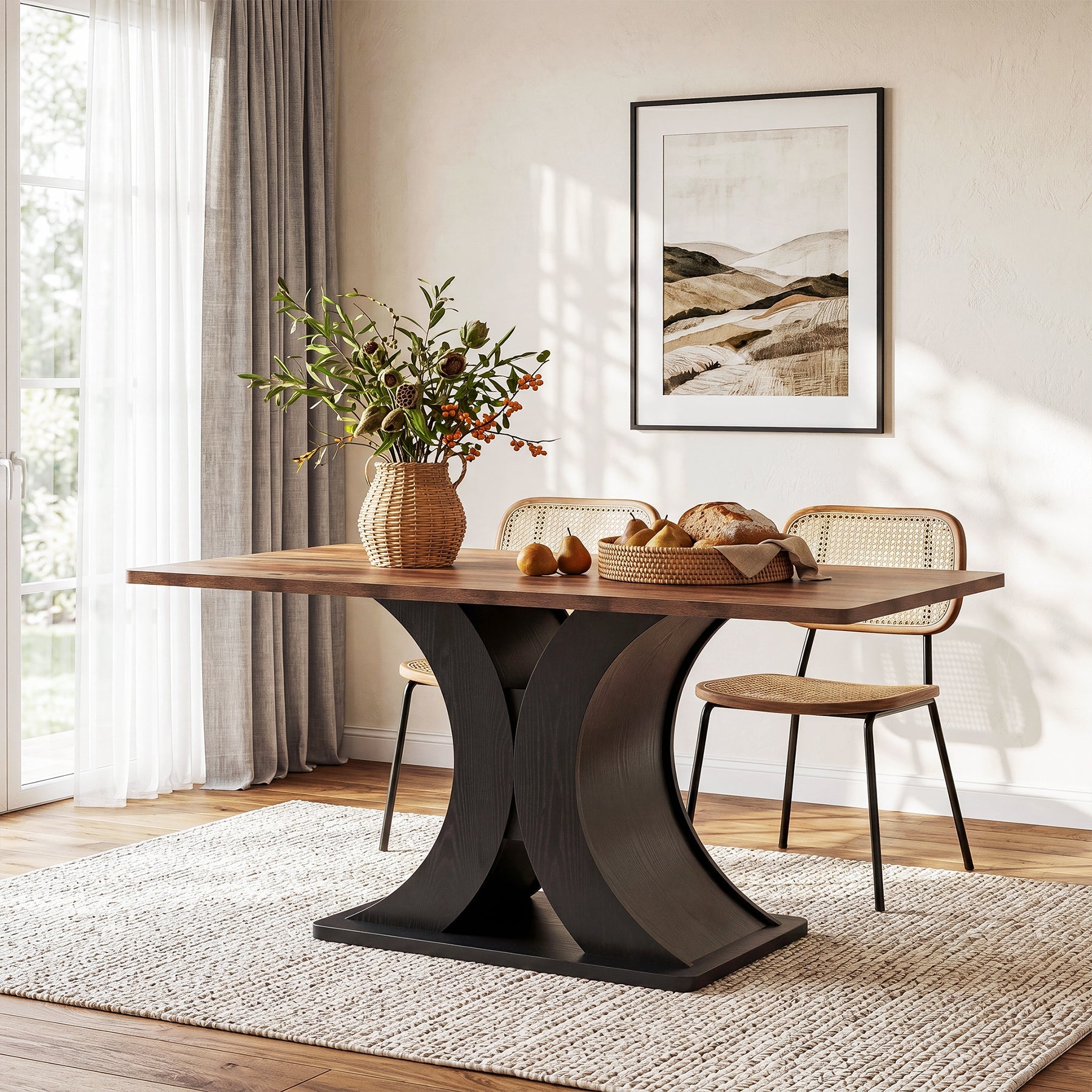 Table de salle à manger 140 cm pour 4 à 6 personnes, Table de cuisine rectangulaire de style champêtre
