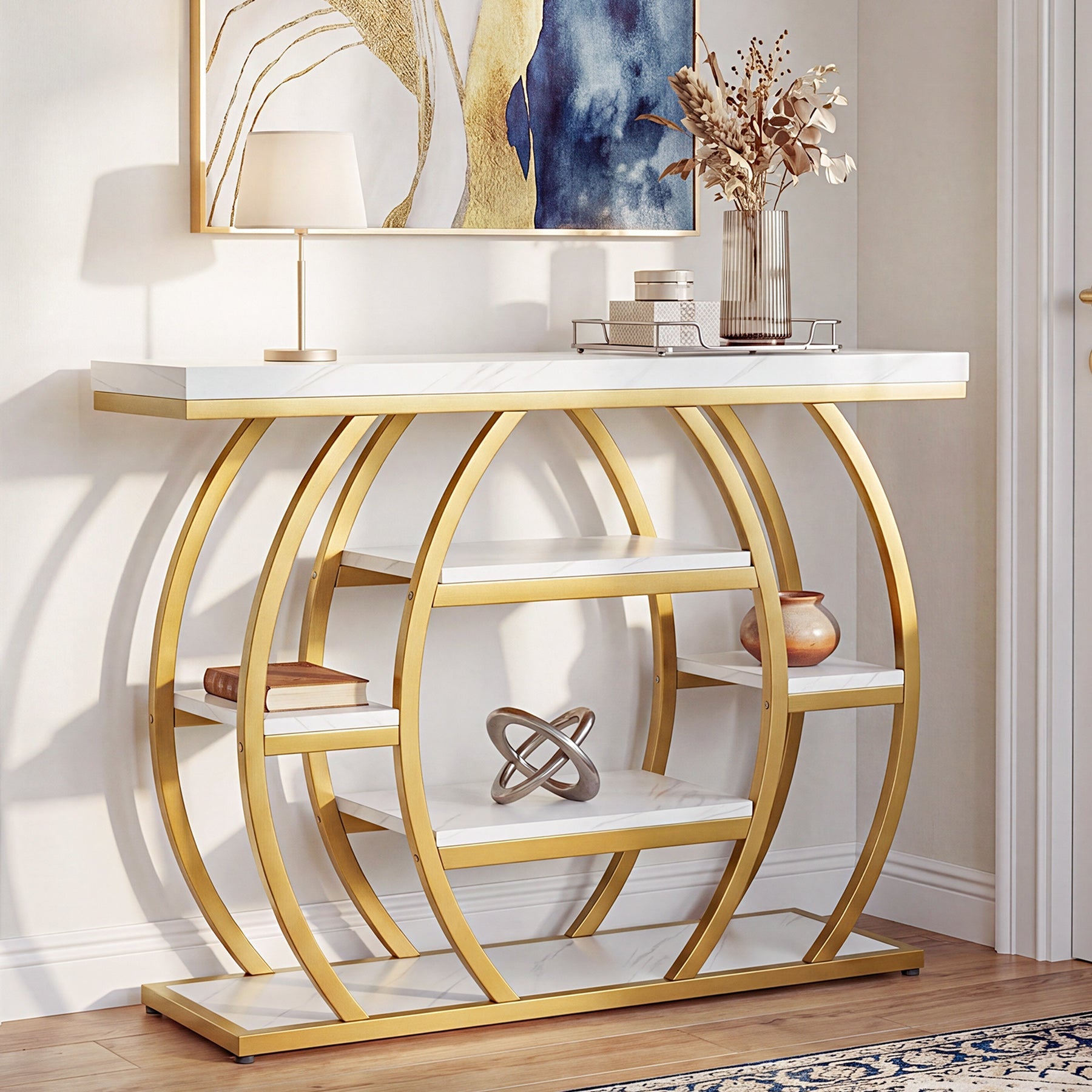 Tribesigns Console 105 cm, Table d'entrée étroite avec 5 étagères, Structure en métal doré et plateau aspect marbre