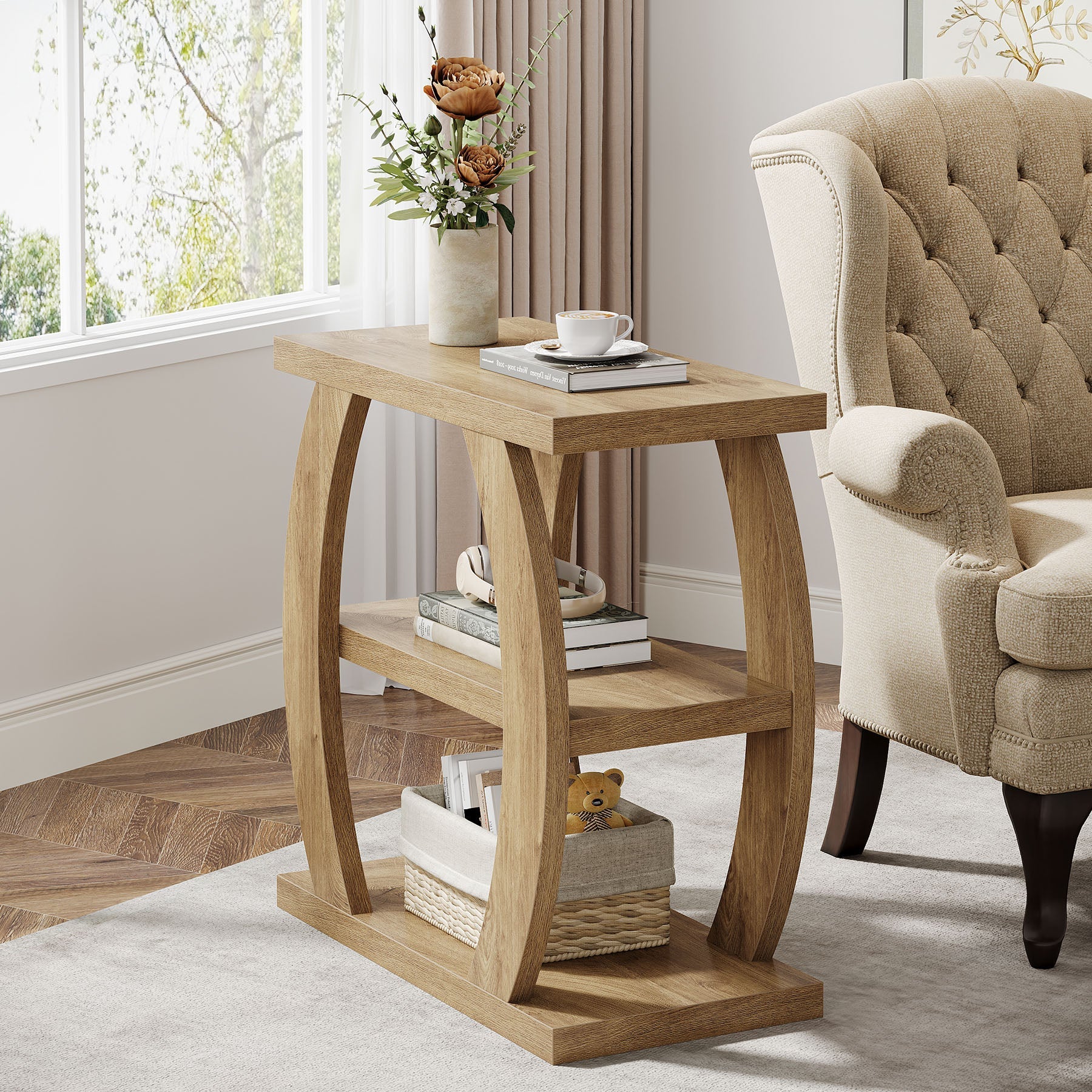 Tribesigns Table d'appoint étroite en bois à 3 niveaux, Table de chevet peu encombrante