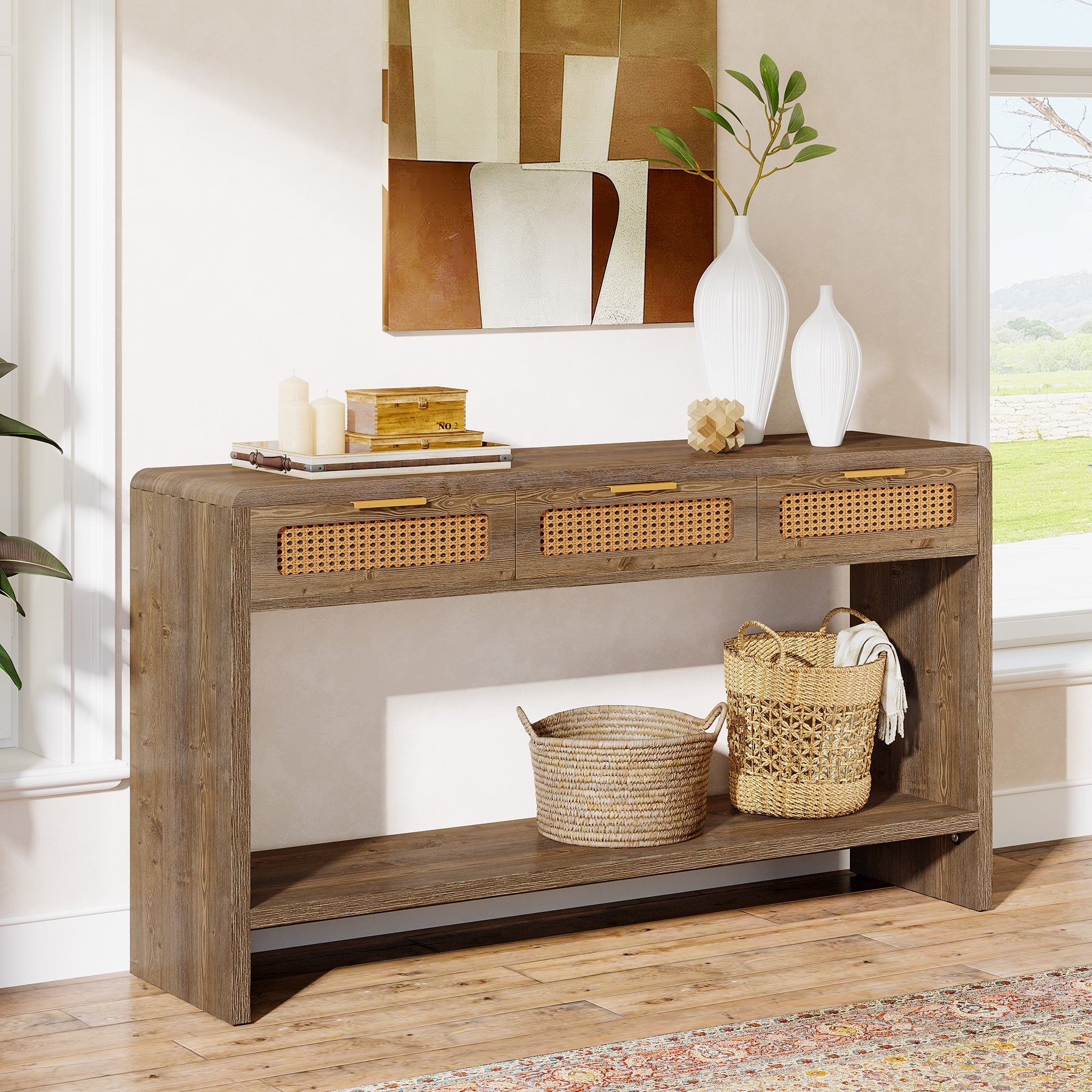 Tribesigns Console de 140 cm avec 3 tiroirs en rotin, Table d'appoint étroite avec 2 étagères