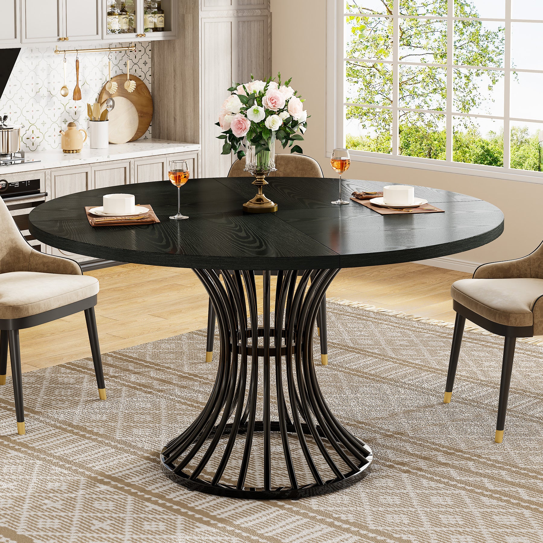 Tribesigns Table de salle à manger ronde pour 4 à 6 personnes, Table de cuisine ronde avec pied en métal pour cuisine