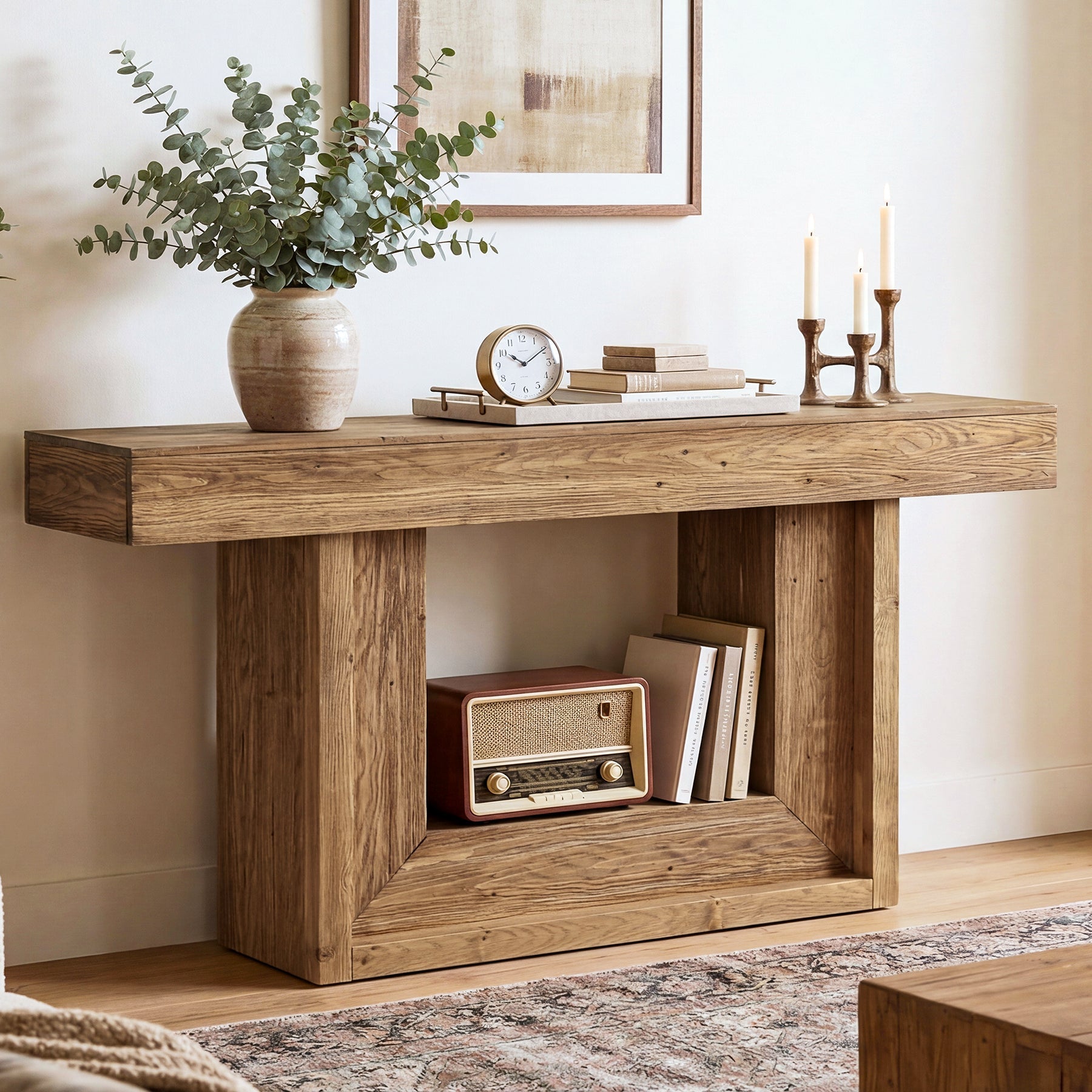 TribesignsConsole étroite en bois massif de 160 cm, Style campagne avec piètement en U et étagère