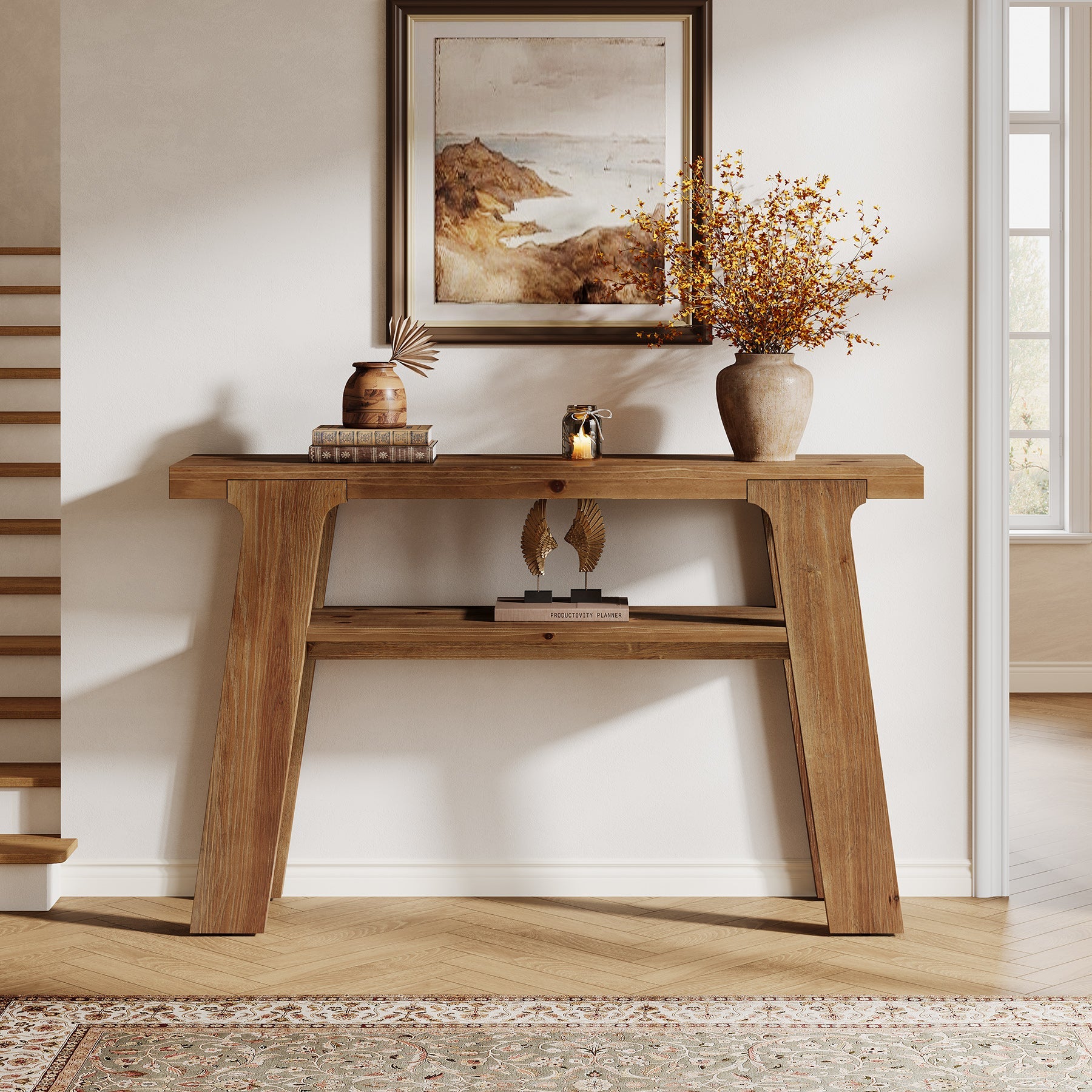Tribesigns Console en bois massif de 120 cm, Style rustique idéale pour une entrée ou un canapé avec 2 étagères