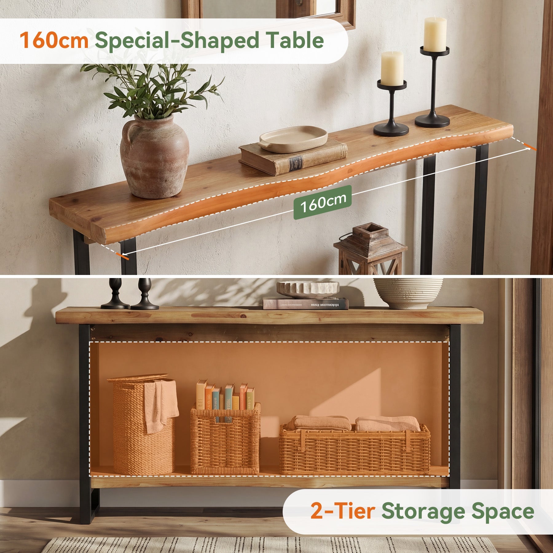 Tribesigns Console en bois massif de 160 cm avec bord naturel, Table basse à deux niveaux