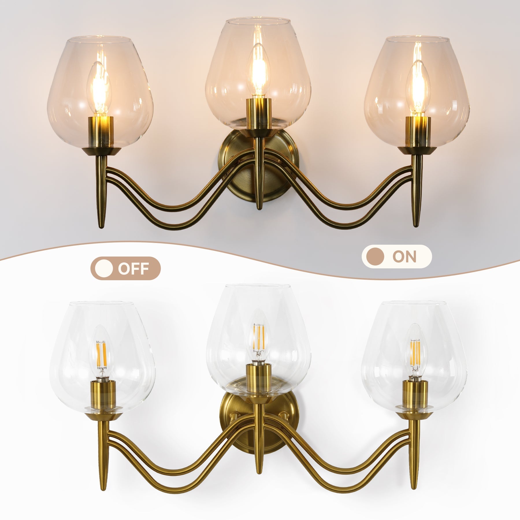 Applique murale de salle de bain à 3 lumières 58 cm en laiton avec miroir et verre transparent, douille E14