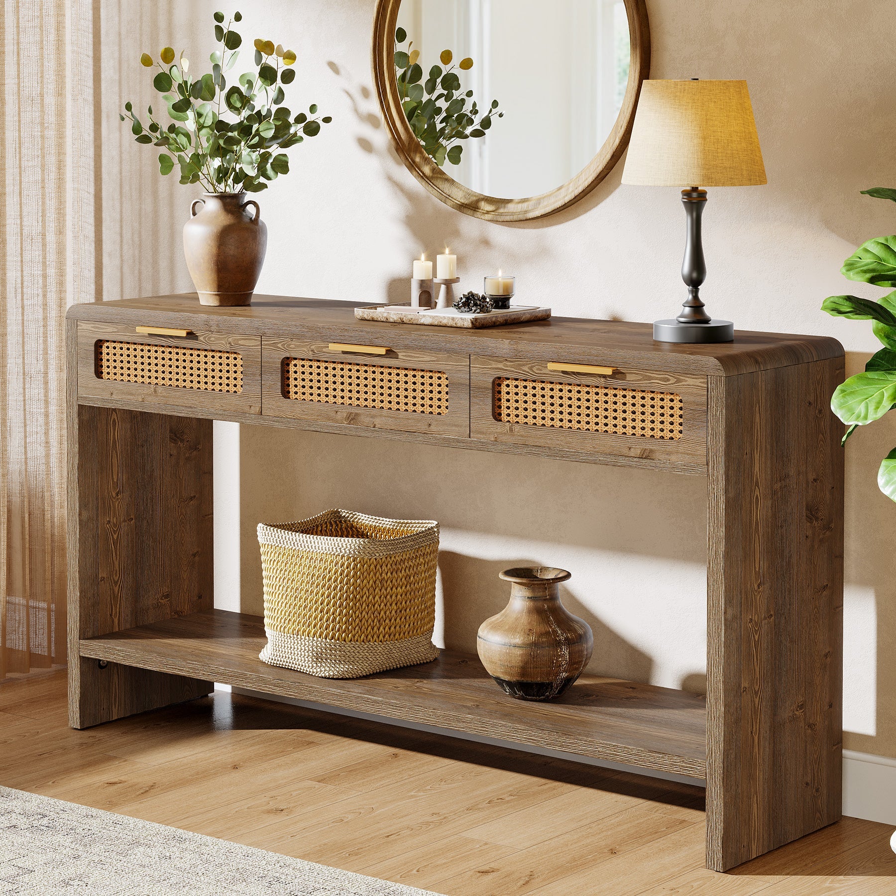 Tribesigns Console de 140 cm avec 3 tiroirs en rotin, Table d'appoint étroite avec 2 étagères
