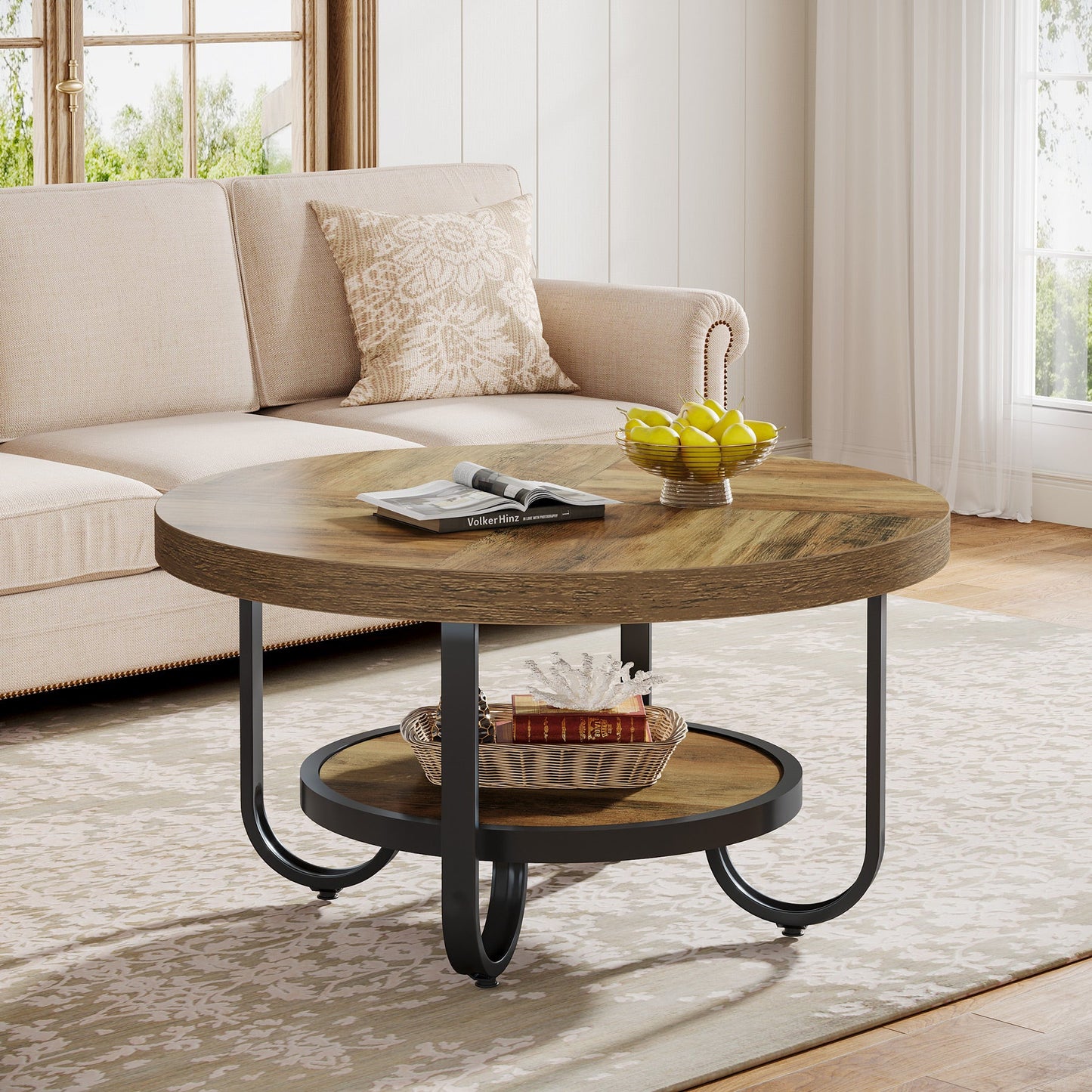 Table basse Tribesigns à deux niveaux, Table centrale de 79 cm avec étagère de rangement