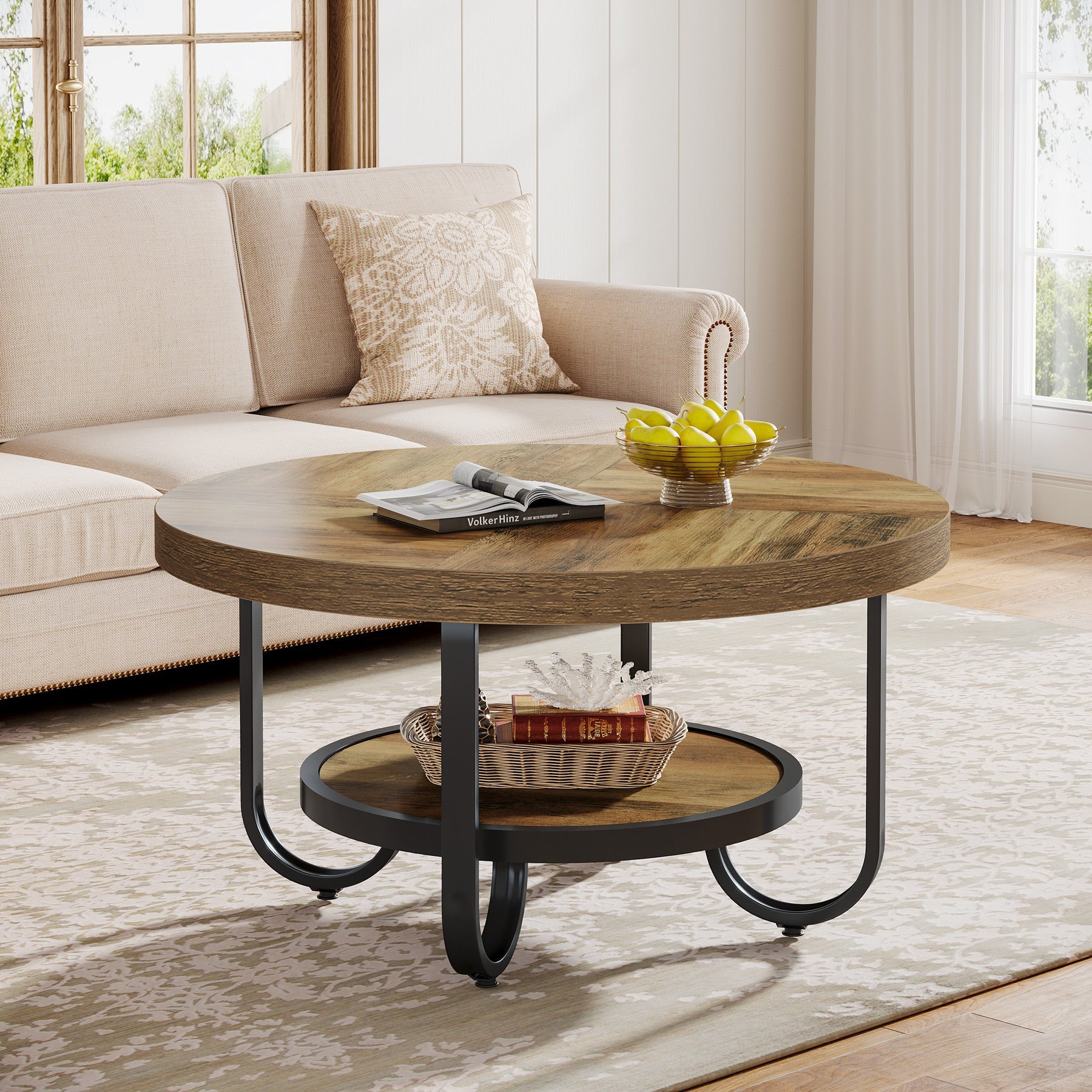 Table basse Tribesigns à deux niveaux, Table centrale de 79 cm avec étagère de rangement