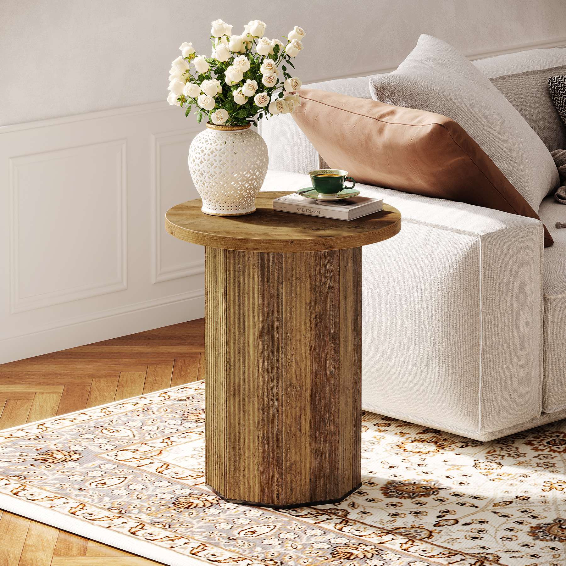 Tribesigns Table d'appoint ronde, Table d'appoint étroite Table de chevet avec base stable