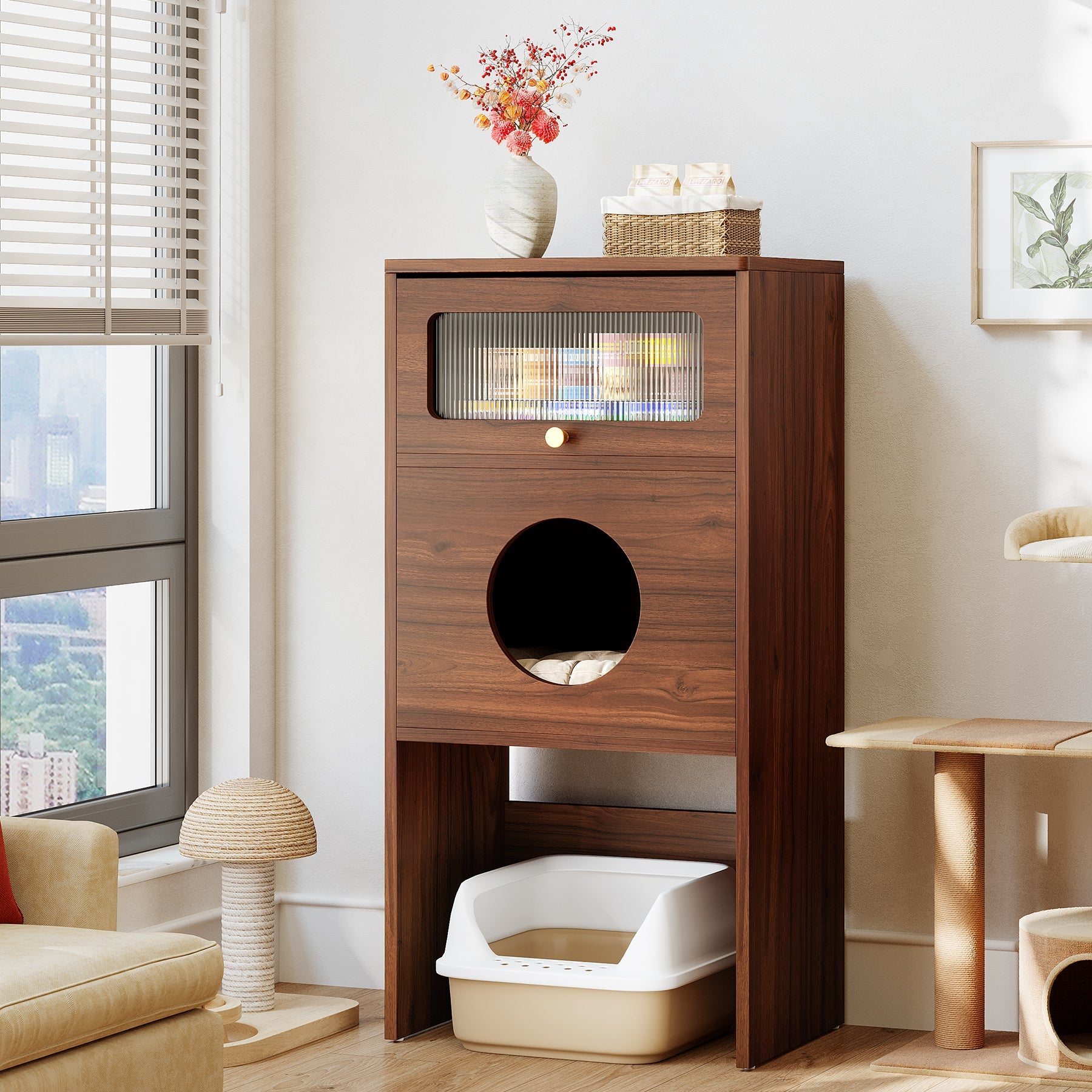 Tribesigns Meuble pour chat avec espace de rangement, Meuble pour bac à litière et table d'appoint 2 en 1