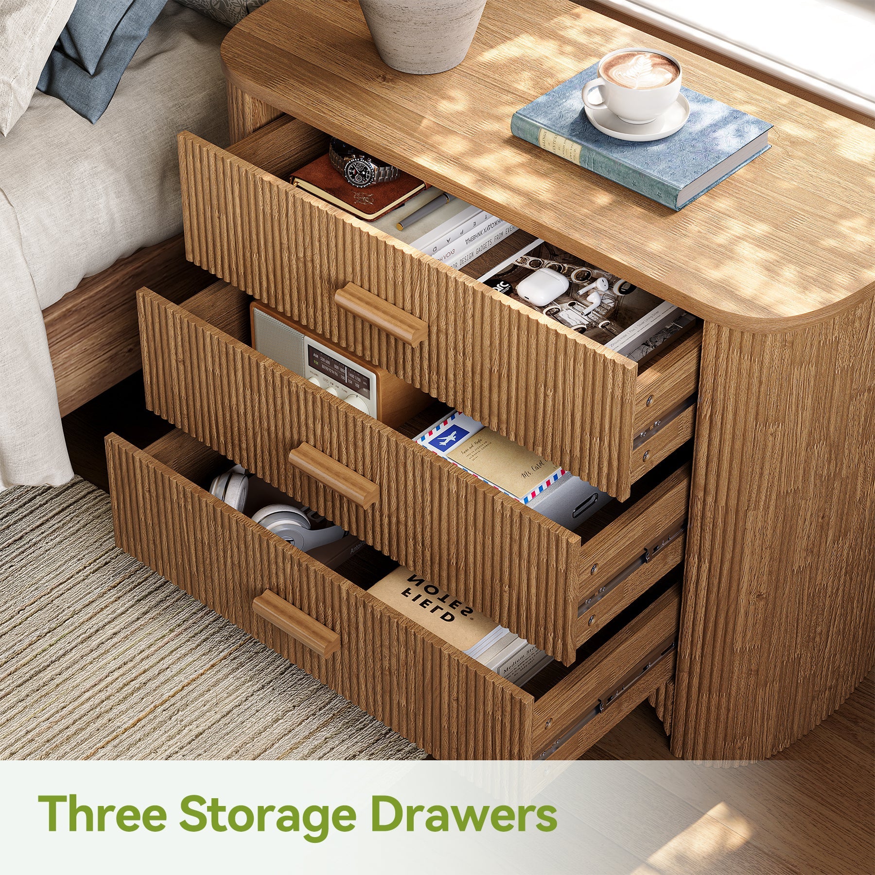 Tribesigns Table de chevet large à 3 tiroirs, Grande table d'appoint de style moderne du milieu du siècle