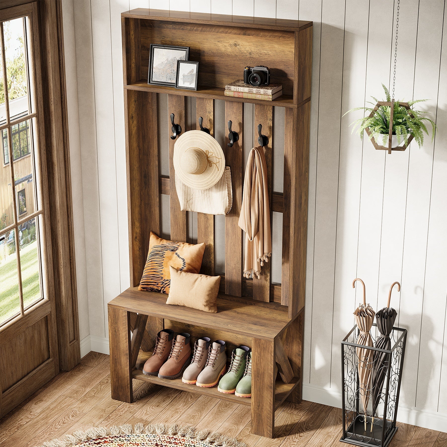 Meuble d'entrée de 180 cm avec banc et rangement à chaussures, Porte-manteau étroit avec crochets pour entrée et couloir