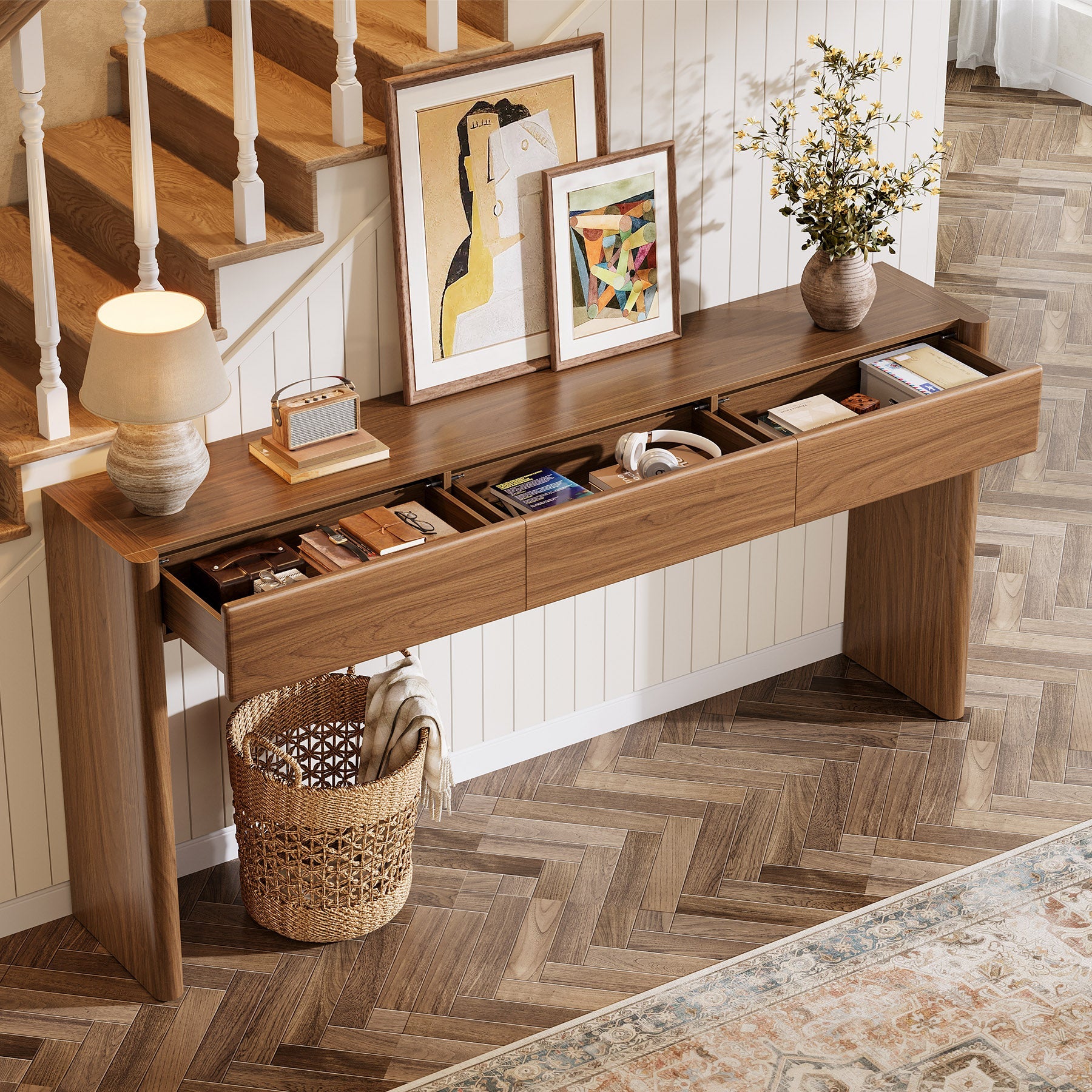 Tribesigns Console de 180 cm avec 3 tiroirs, Table d'entrée étroite marron vintage Table basse en bois avec étagère