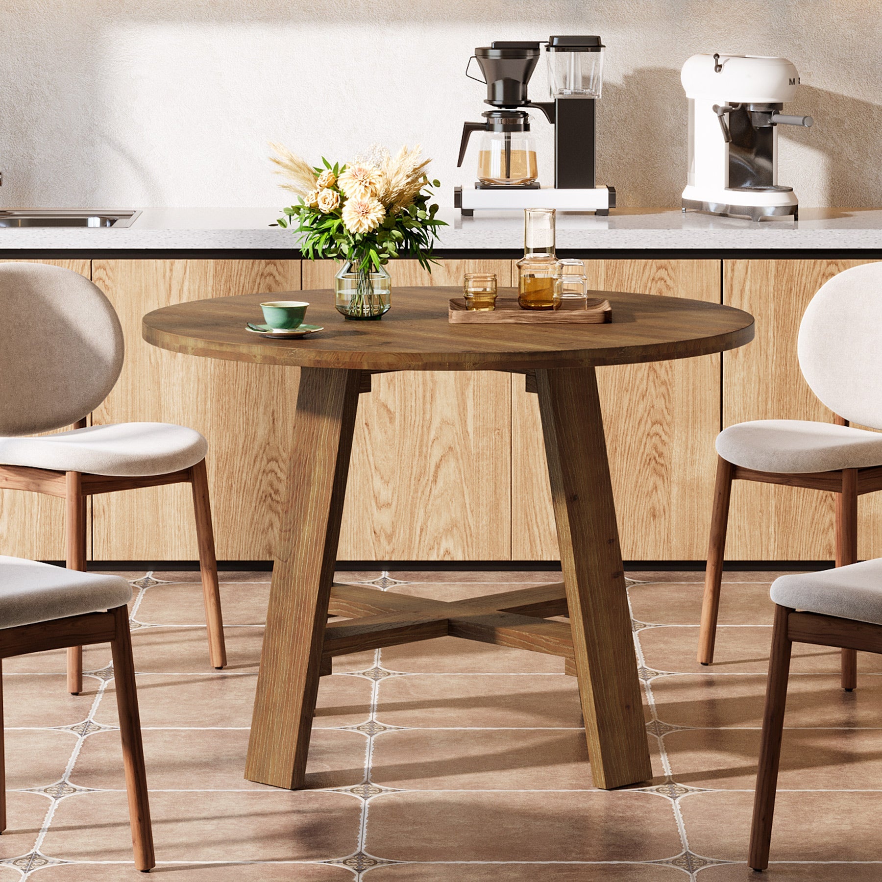 Tribesigns Table de conférence ronde en bois massif de 100 cm avec veinage naturel