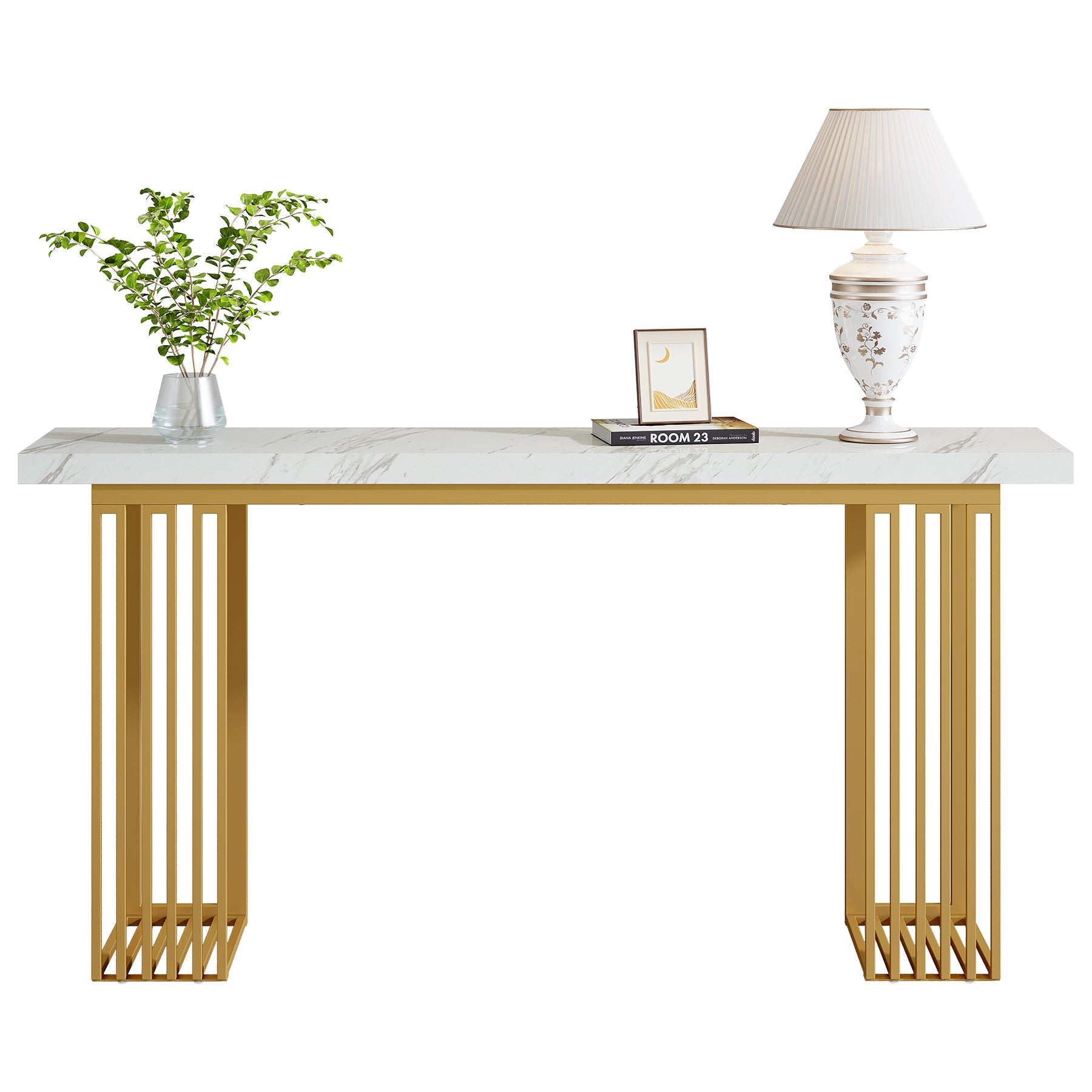 Tribesigns Console étroite de 160 cm avec plateau aspect marbre blanc et piètement en métal doré