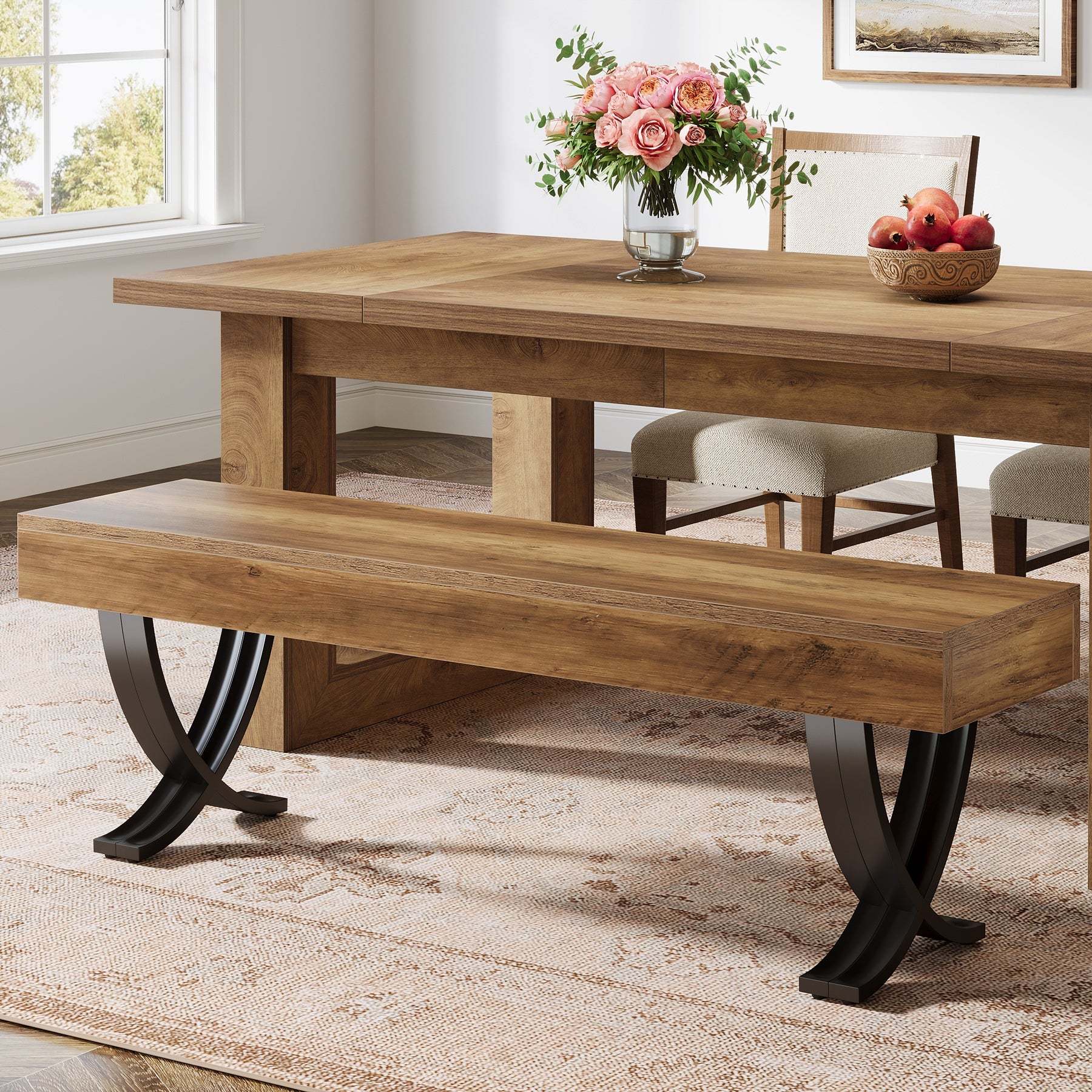 Tribesigns Banc de salle à manger rustique de 140 cm avec plateau imitation bois et pieds en X en métal, Long banc de cuisine pour salle à manger et couloir (banc uniquement)