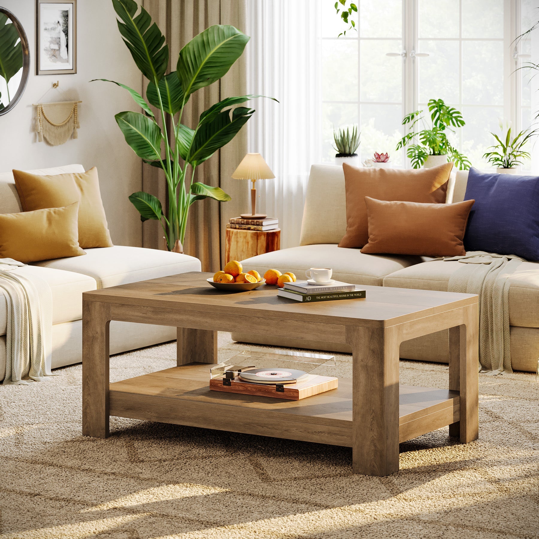 Tribesigns Table basse rectangulaire de 120 cm avec rangement à 2 niveaux, Table centrale en bois pour salon