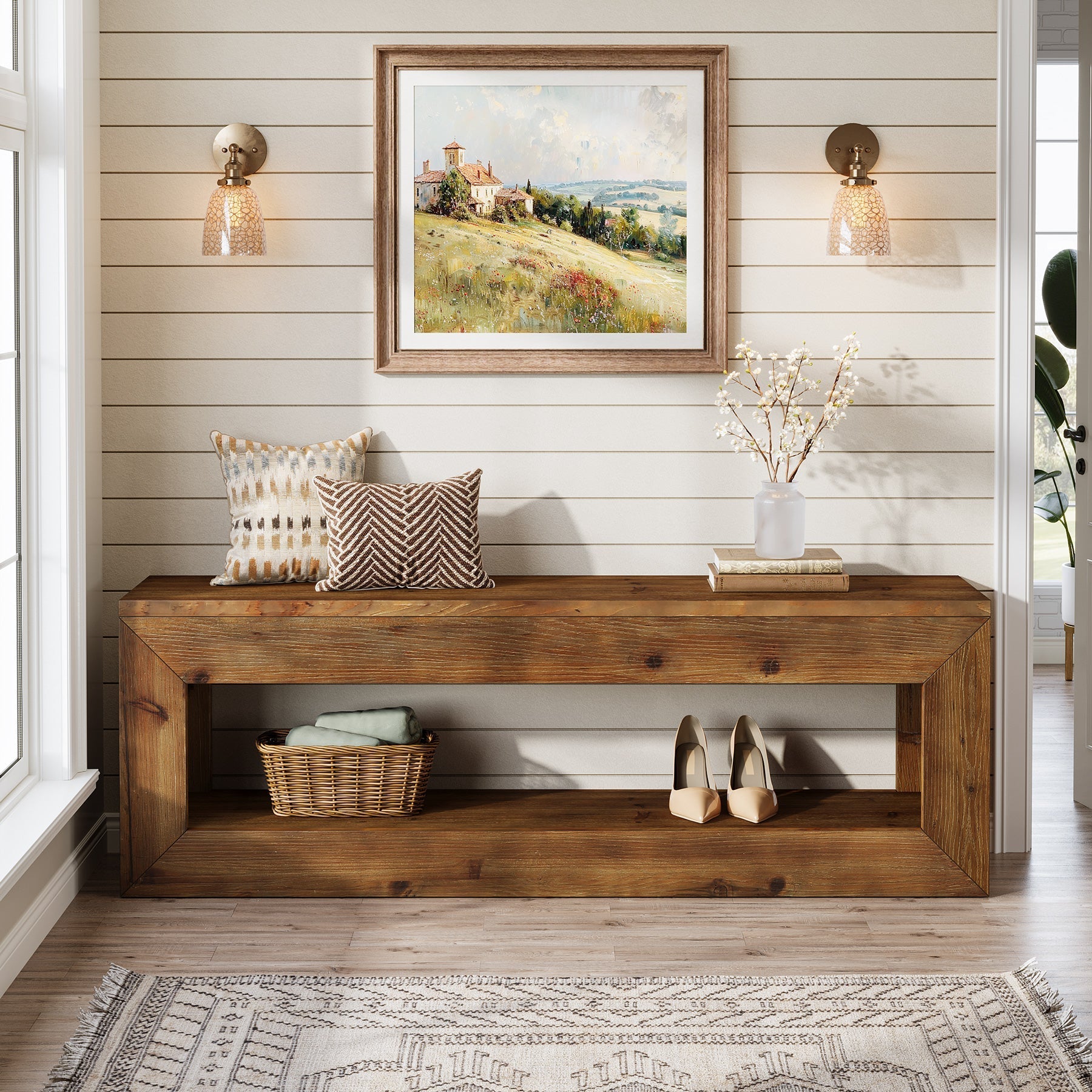 Banc d'entrée en bois massif de 120 cm avec étagère de rangement style rustique
