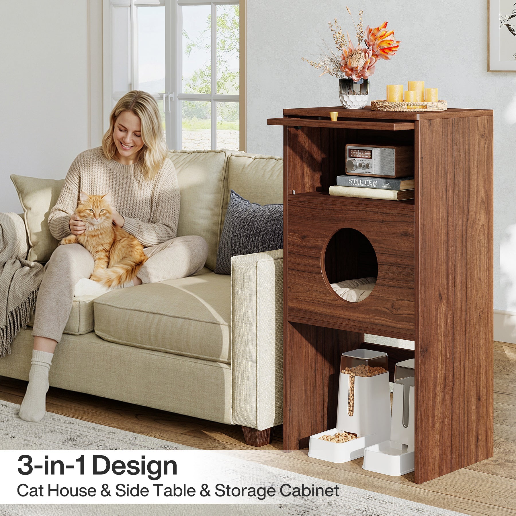 Tribesigns Meuble pour chat avec espace de rangement, Meuble pour bac à litière et table d'appoint 2 en 1