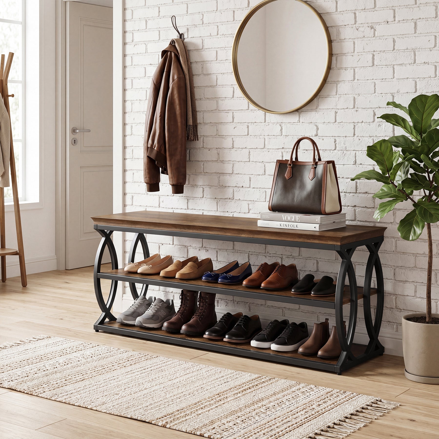 Banc à chaussures avec rangement (120 cm), Meuble à chaussures 3 niveaux avec assise (style industriel et ferme)