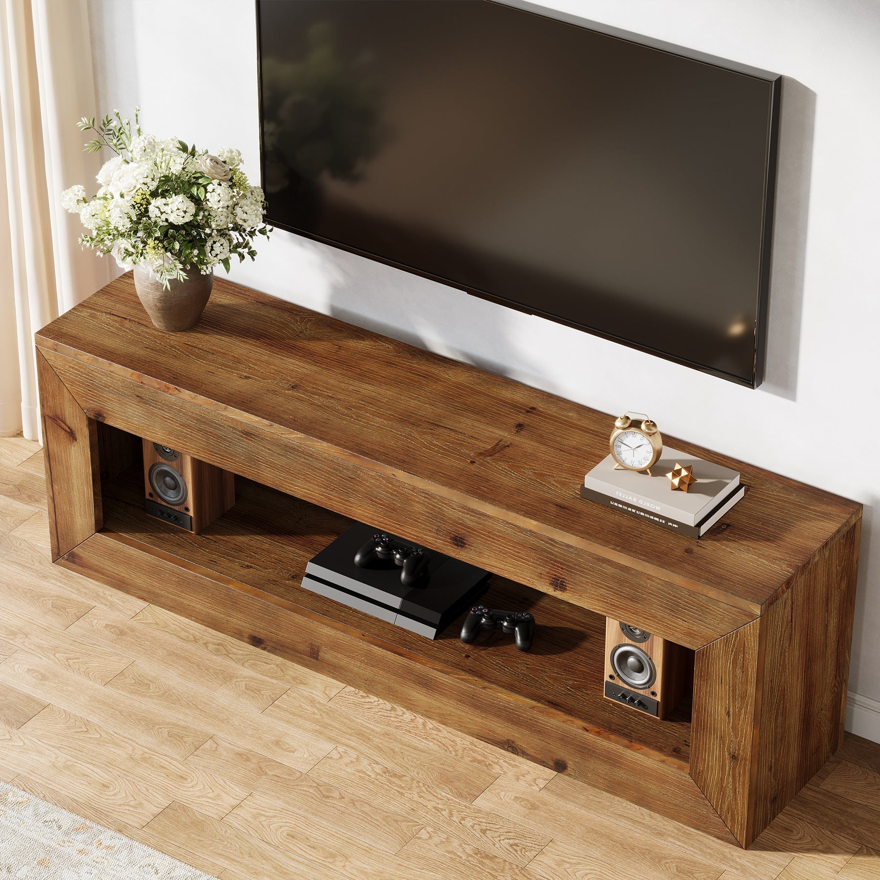 Tribesigns Meuble TV 120 cm en bois massif avec rangement, Meuble bas rustique pour équipement multimédia