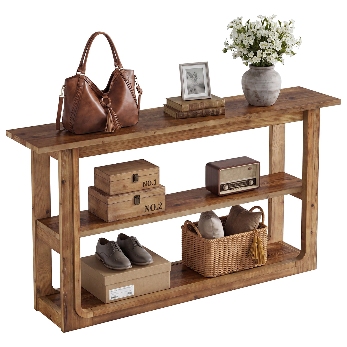 Tribesigns Console à 3 niveaux, Table d'appoint étroite en bois massif pour couloir Table de canapé rustique couleur chêne avec étagères ouvertes pour salon, hall et entrée