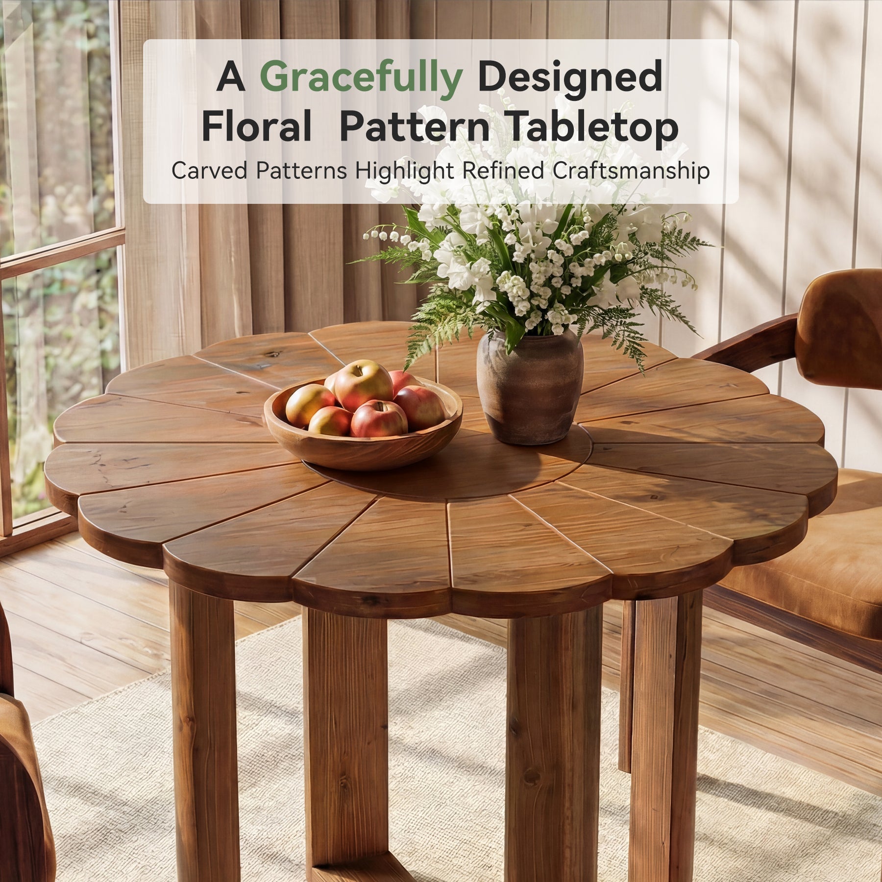 Table de salle à manger ronde en bois massif 80 cm pour 2 à 4 personnes, Style maison de campagne, avec motif floral sculpté