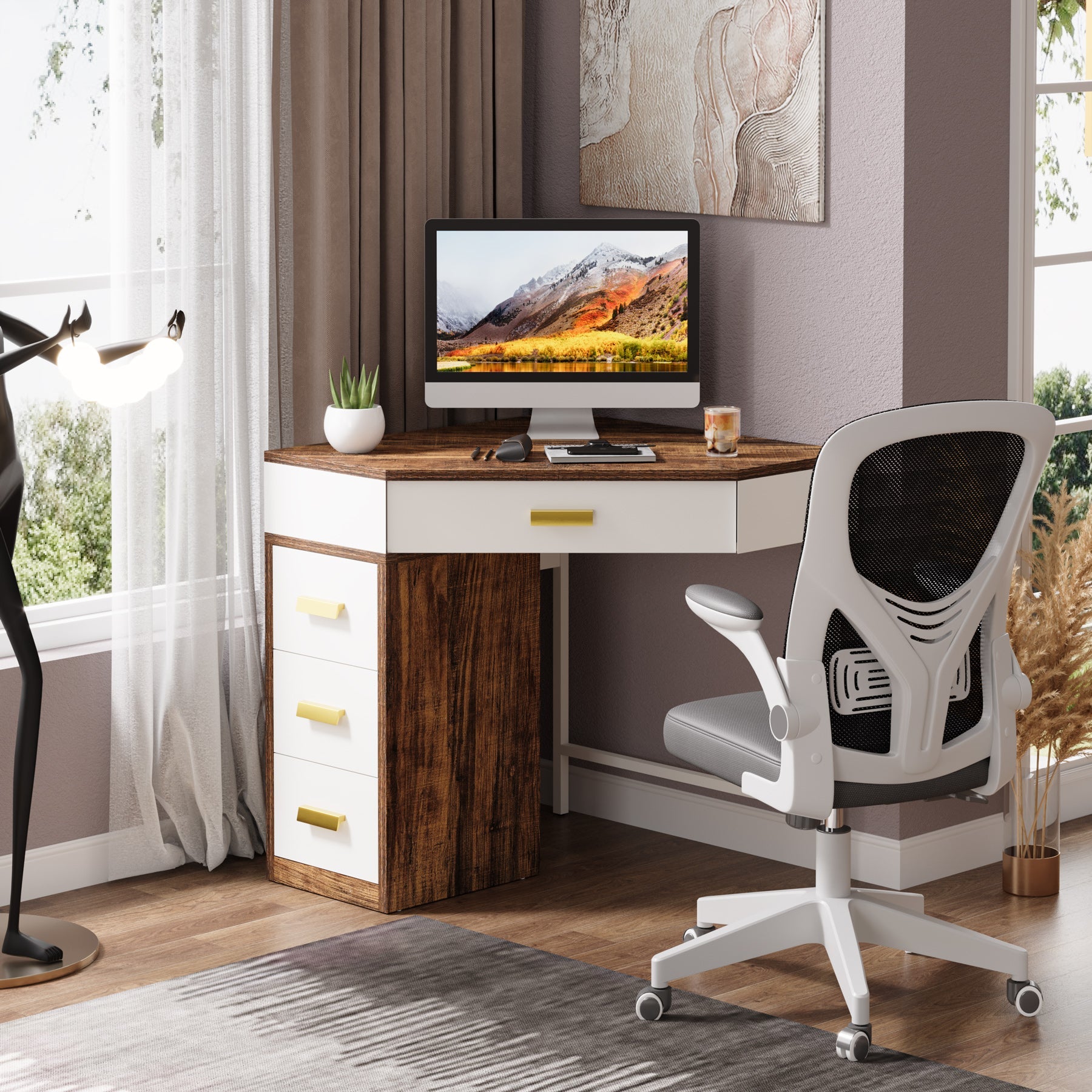 Bureau d'angle avec 4 tiroirs, Bureau triangulaire gain de place pour bureau à domicile