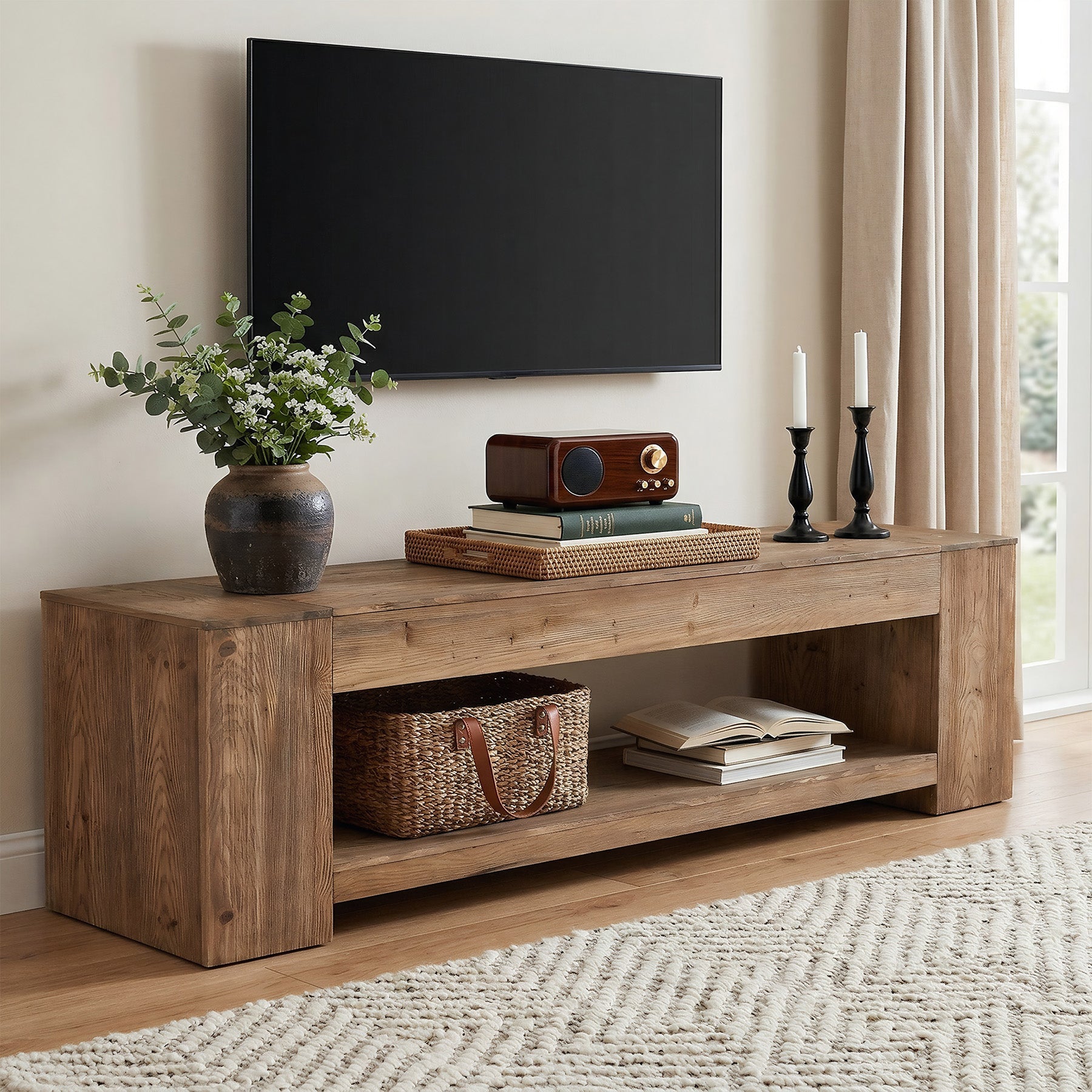 Tribesigns Meuble TV en bois massif de 160 cm pour téléviseurs jusqu'à 75 pouces, Meuble TV rustique avec compartiment de rangement ouvert