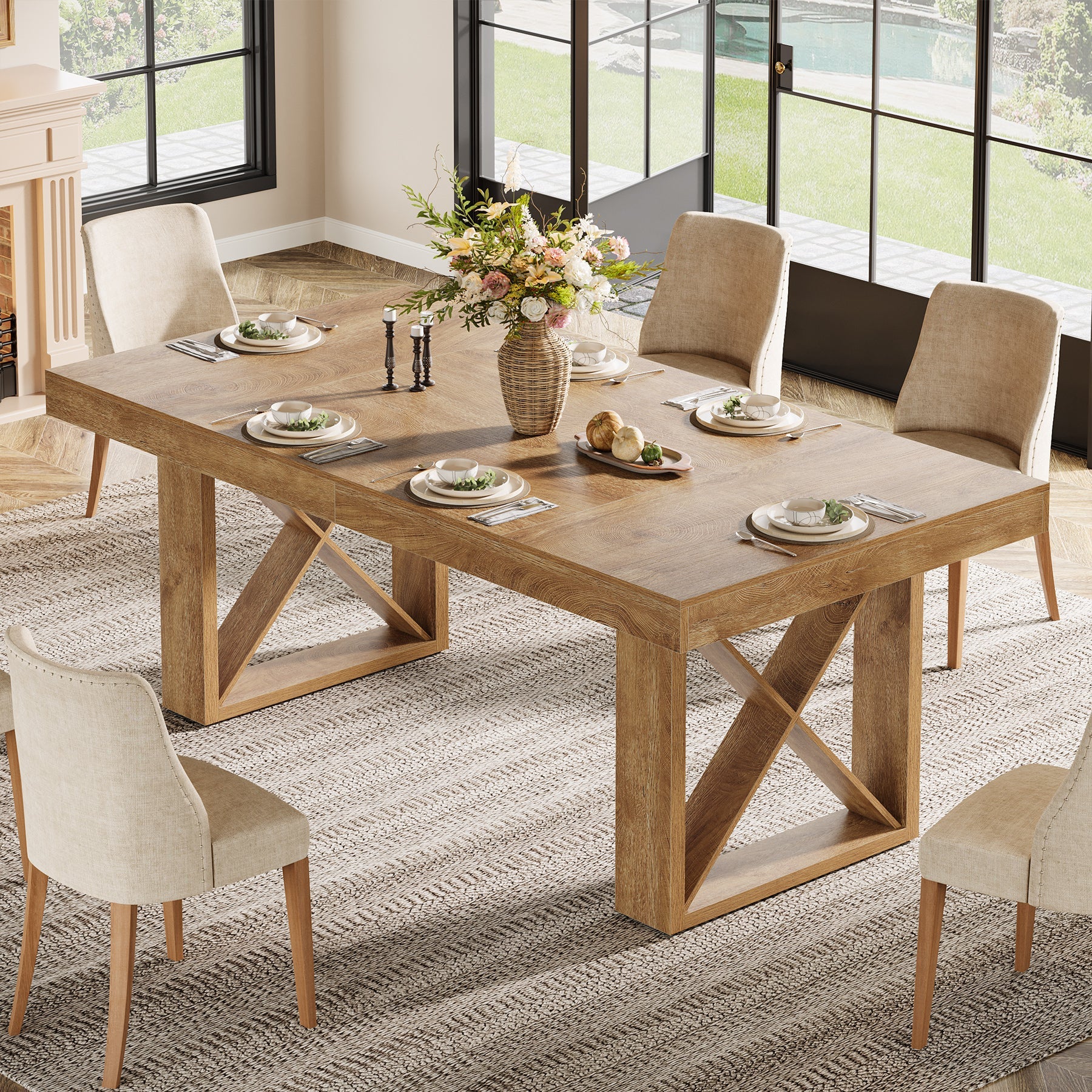 Tribesigns Table à manger de 160 cm pour 4 à 6 personnes, Style maison de campagne, aspect bois massif