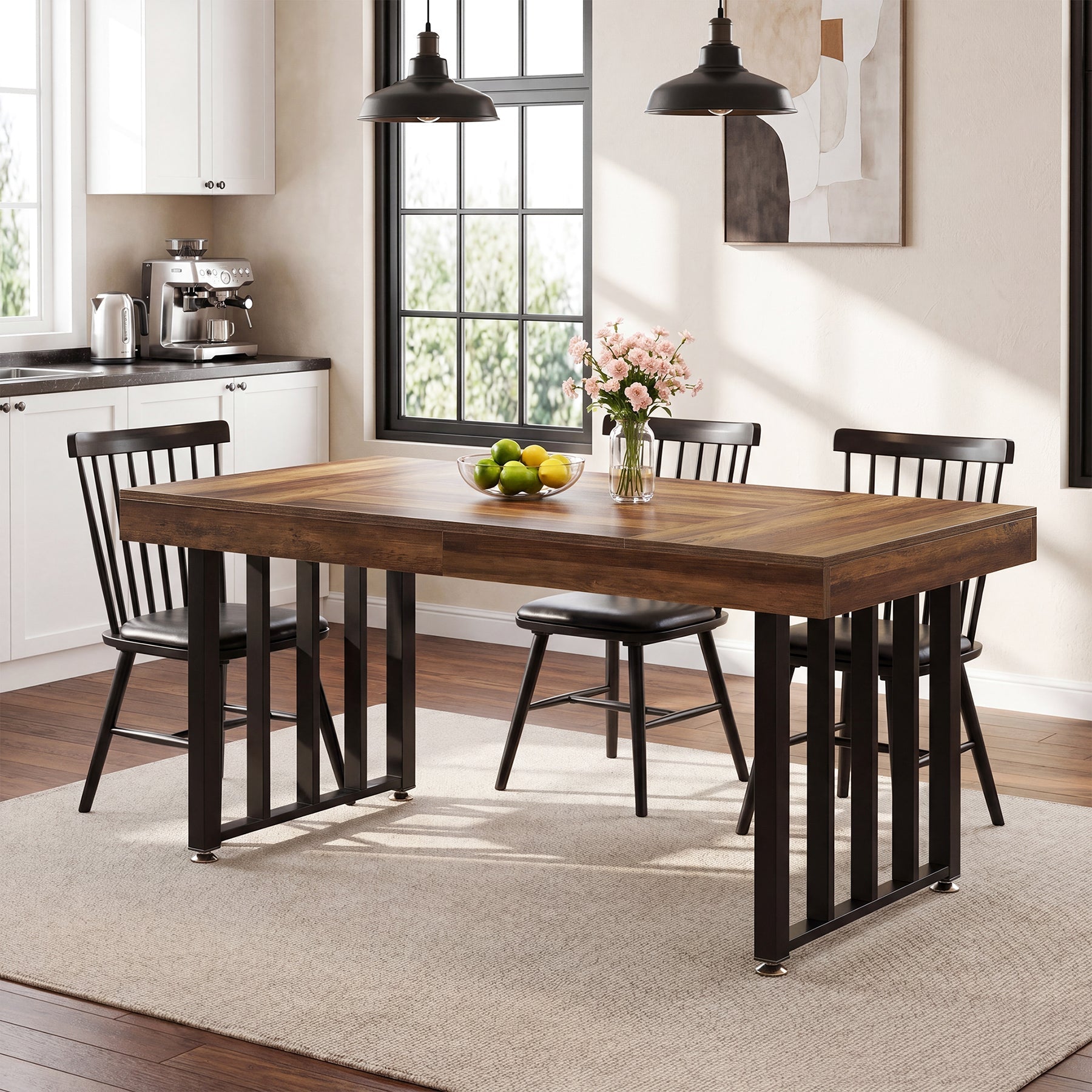 Table à manger 140 cm pour 4 personnes, Table de cuisine rectangulaire avec pieds en métal robustes
