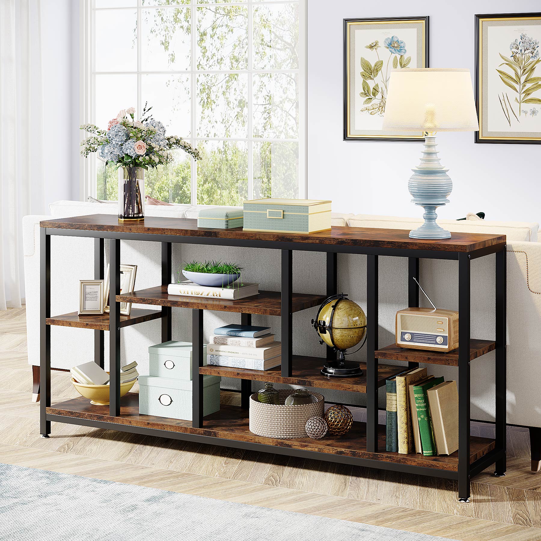 Tribesigns Console industrielle 180 x 30 cm avec rangement à 3 niveaux, Table d'appoint étroite à placer derrière le canapé