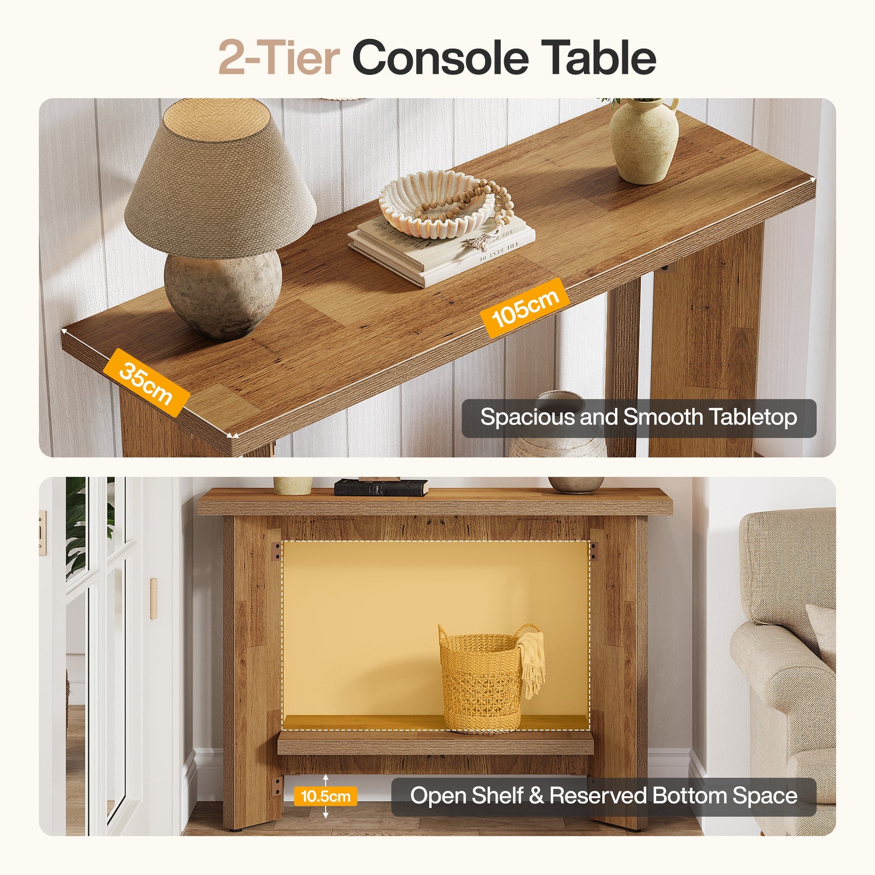 Tribesigns Console de style campagnard de 105 cm avec étagère, Table basse étroite pour salon et entrée