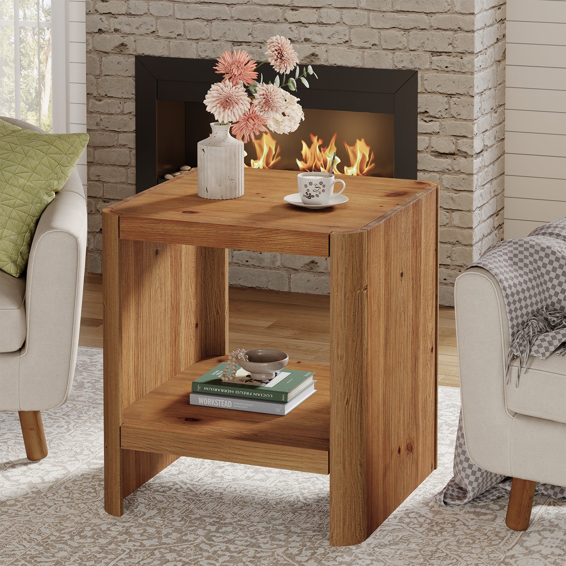Tribesigns Table d'appoint en bois massif, Petite table de chevet à 2 niveaux avec étagère