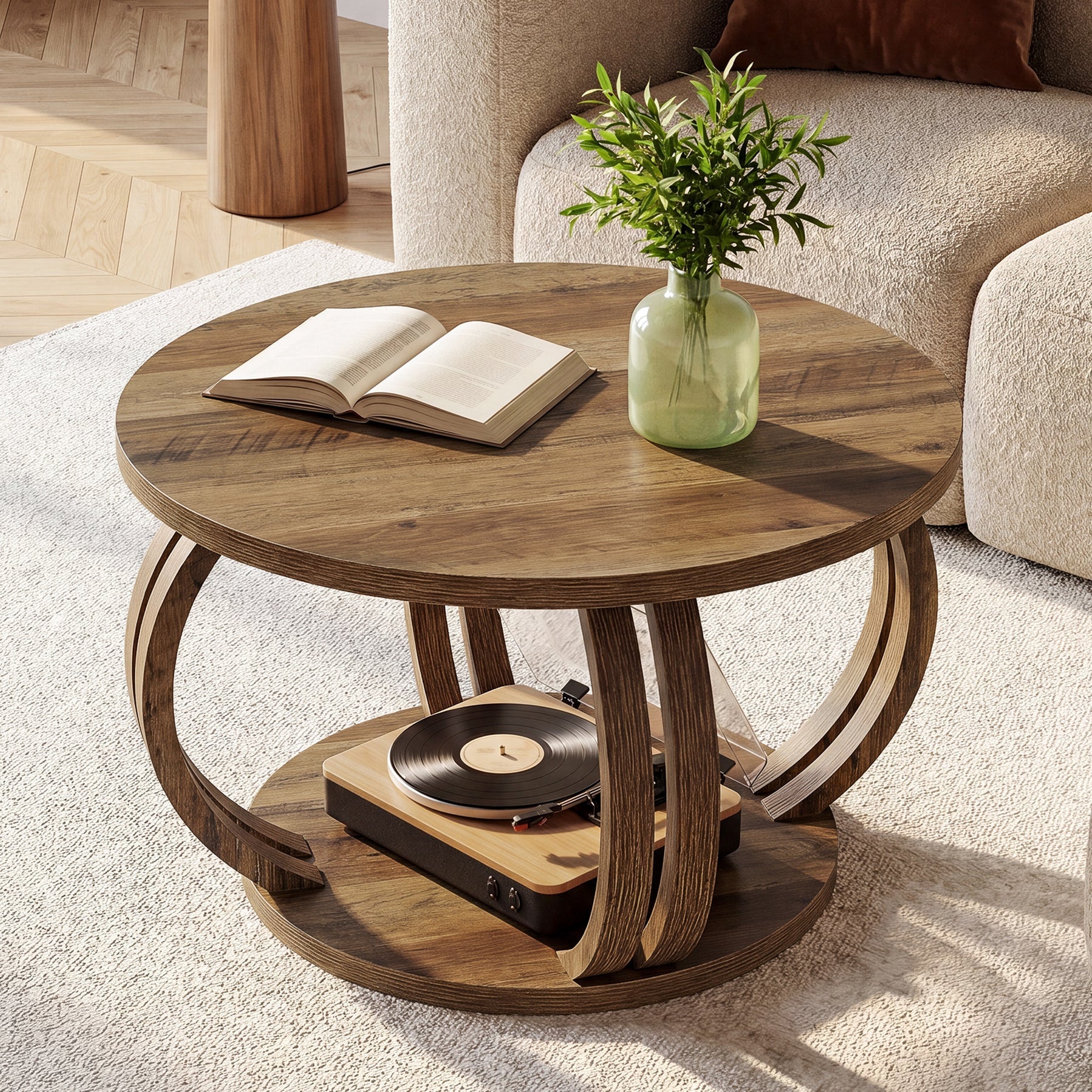 Tribesigns Runder Couchtisch 80 cm mit Ablage, Wohnzimmertisch mit skulpturalem Säulenfuß