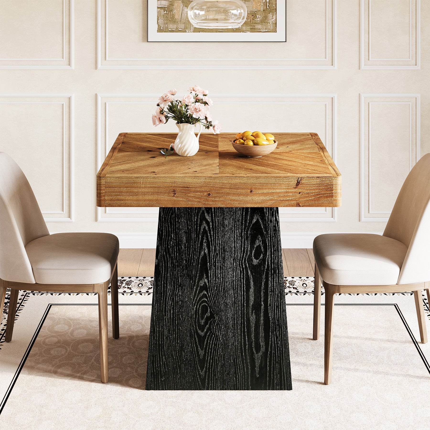 Tribesigns Table à manger carrée en bois massif, 80 cm pour 2 à 4 personnes, Table de cuisine de style champêtre avec pied central robuste