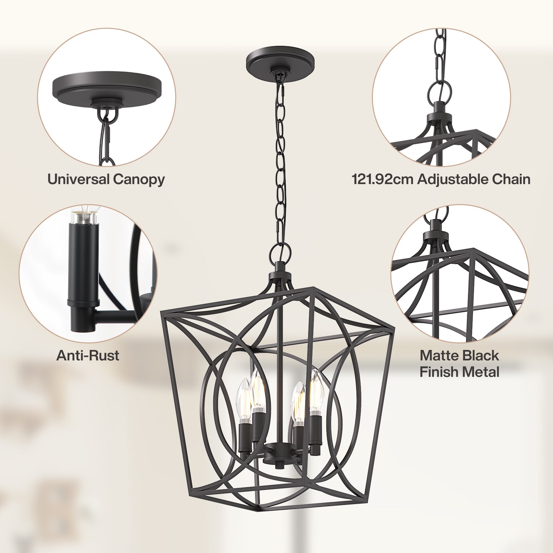 Tribesigns Lustre industriel noir, Suspension géométrique avec 4 douilles E14 hauteur réglable