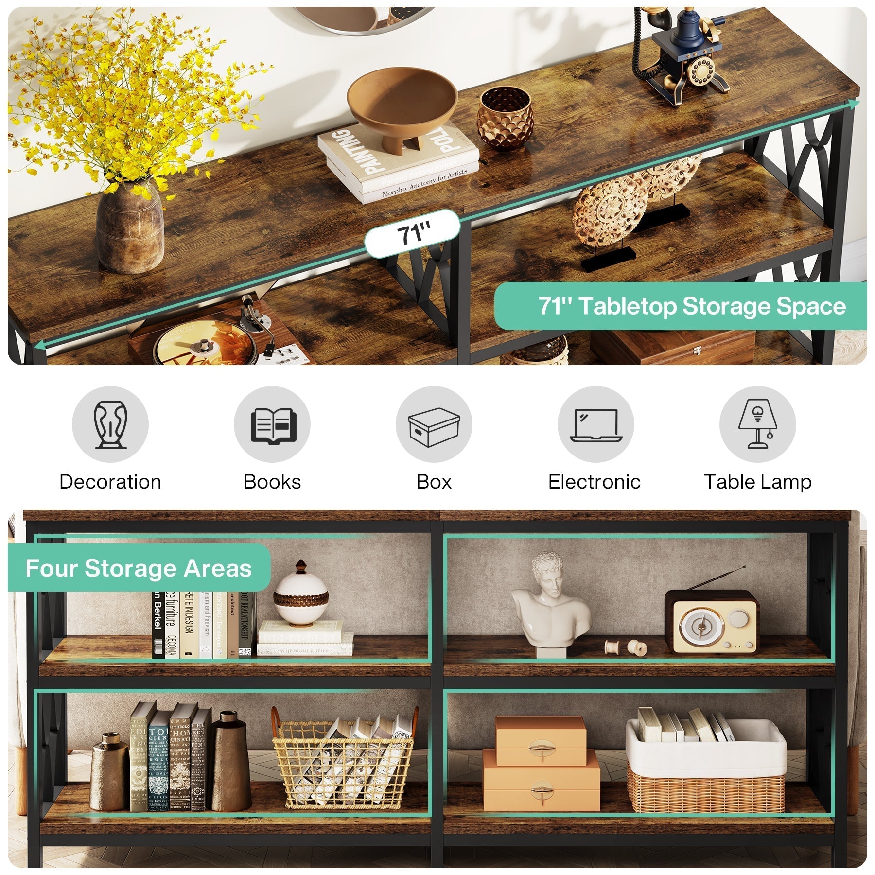 3-Tier Console Table, 70.9" Industrial Sofa Foyer Table for Living Room Tribesigns