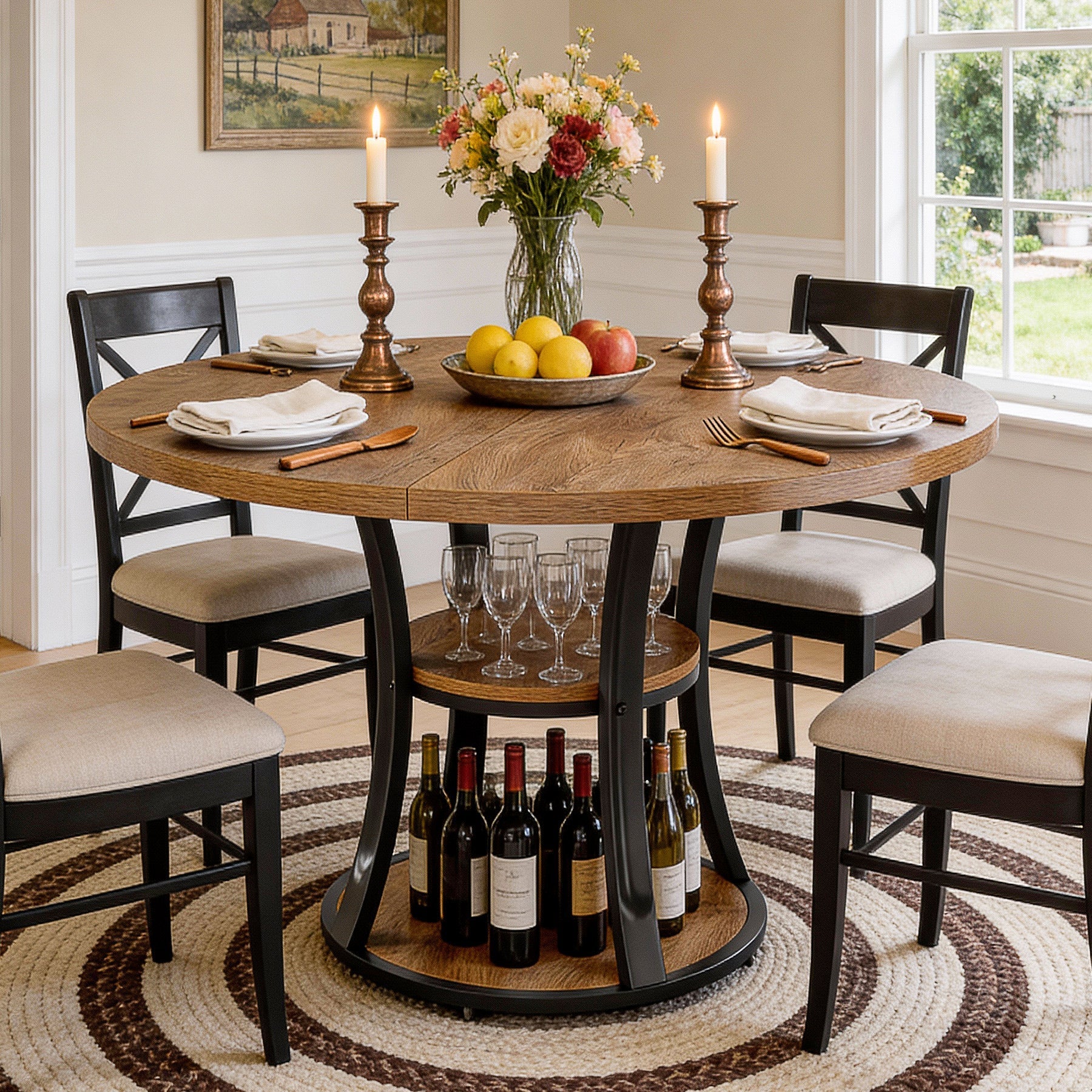 39.37" Round Dining Table, Farmhouse Kitchen Table with Storage for 4 People