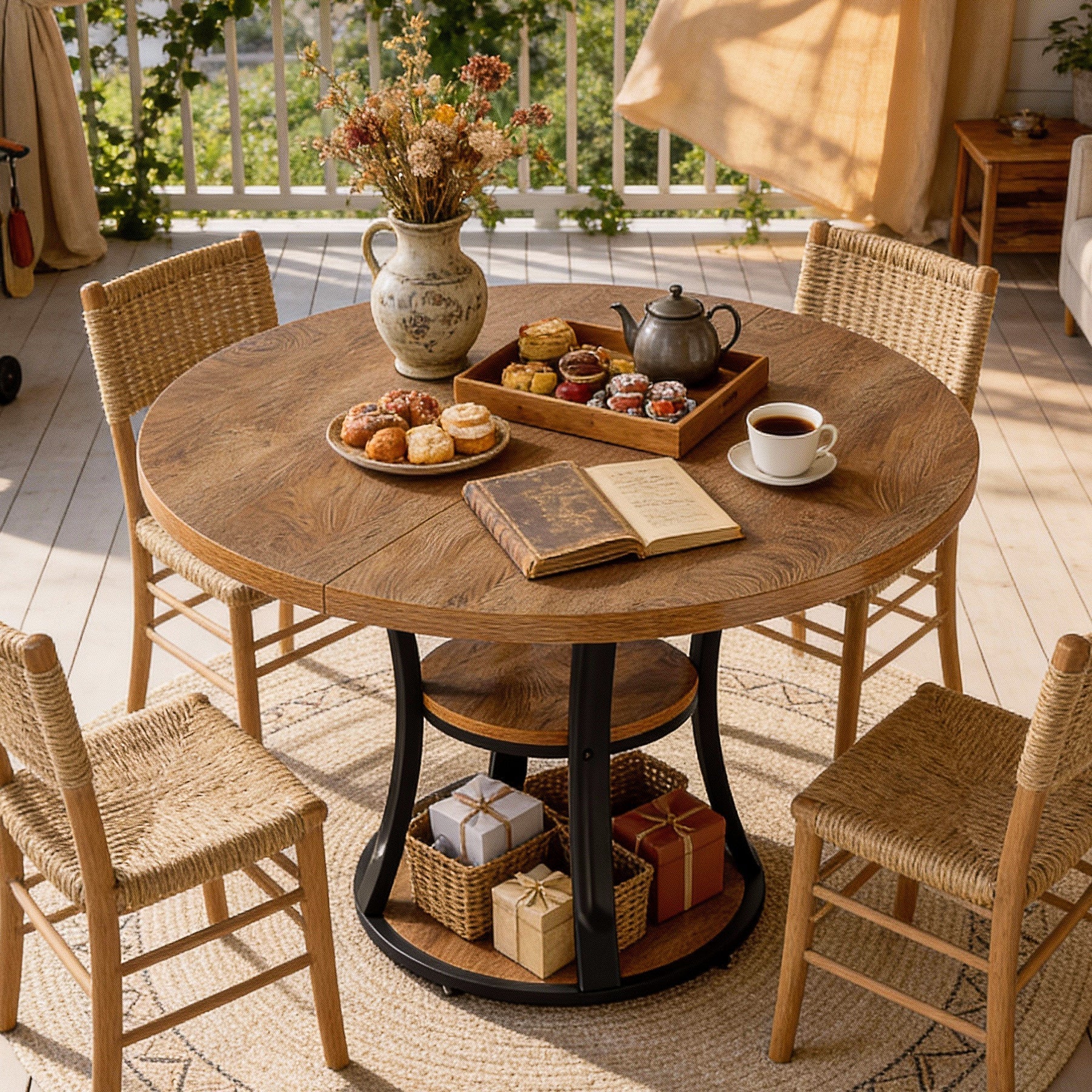 39.37" Round Dining Table, Farmhouse Kitchen Table with Storage for 4 People