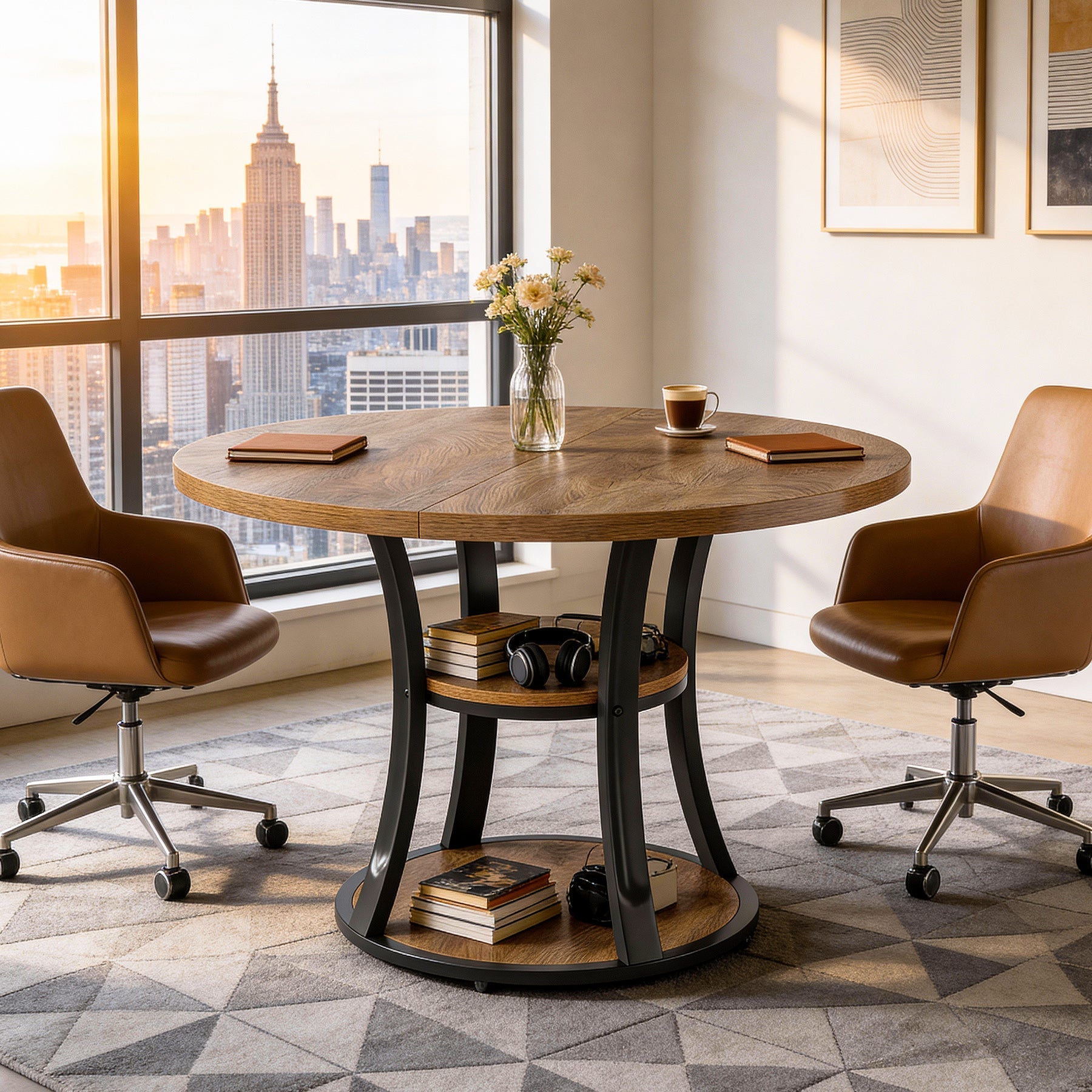 39" Small Conference Table, Modern Round Meeting Room Table for 2-4 People