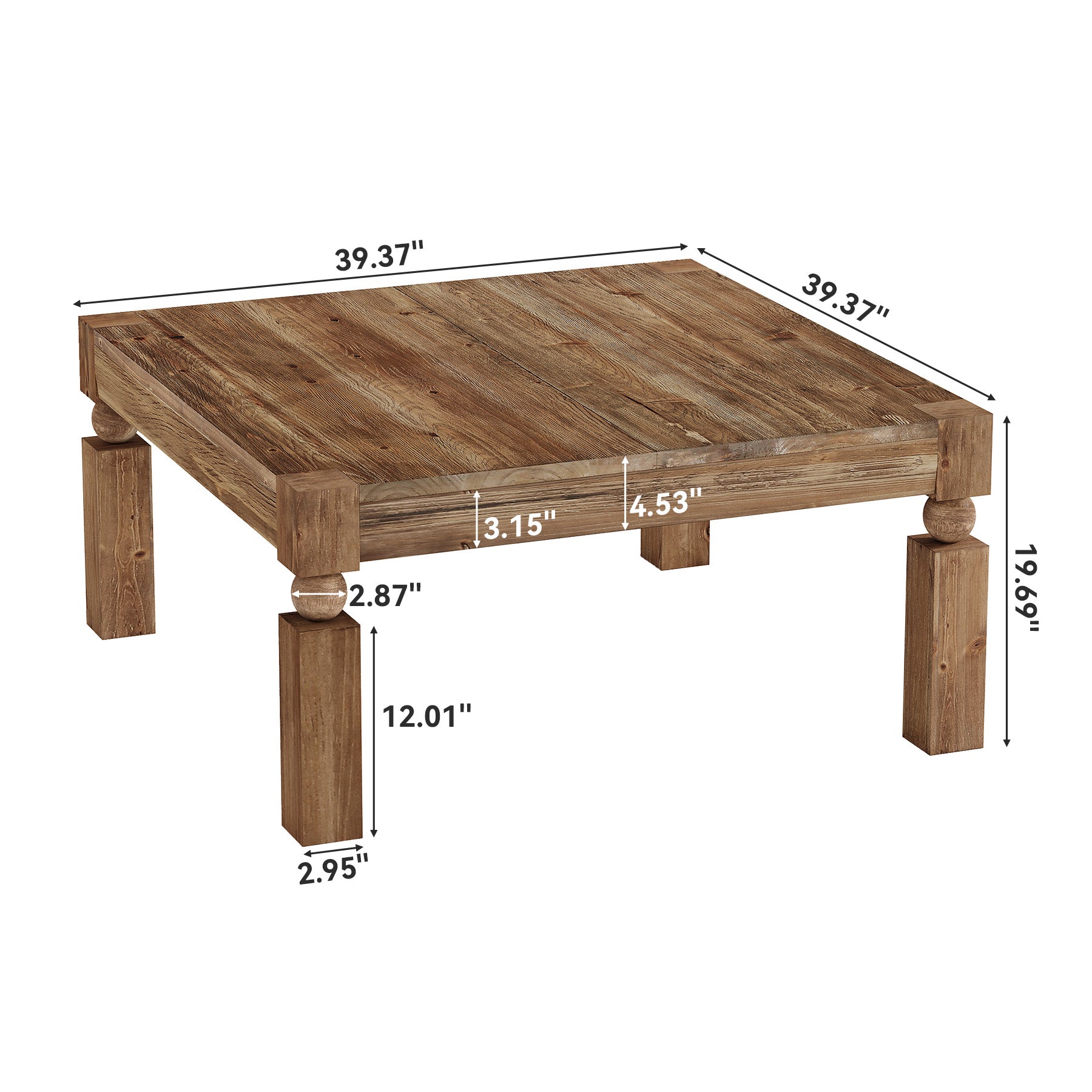 39" Square Coffee Table, Farmhouse Wood Accent Center Table with Sturdy Legs