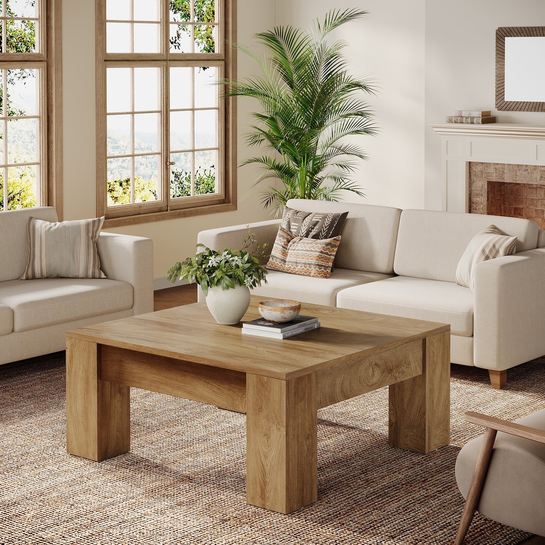 Tribesigns Table basse carrée de 100 cm, Table basse de style campagnard en bois avec pieds robustes