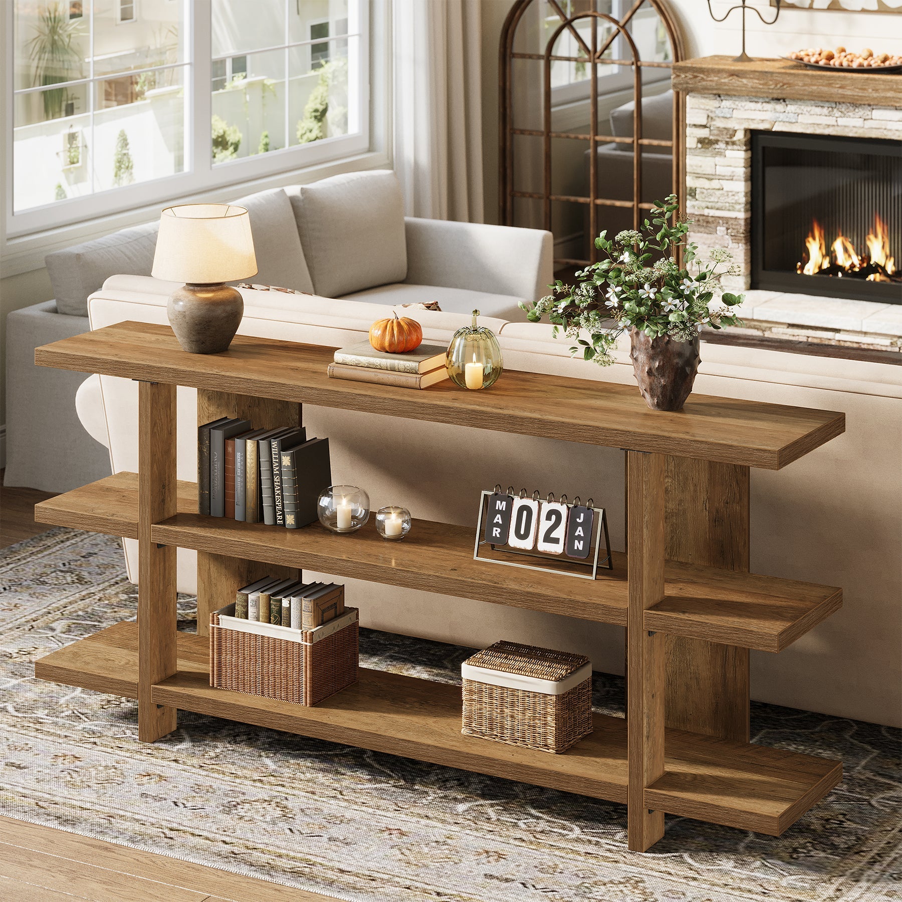 Tribesigns Console de 160 cm avec espace de rangement, Table d'entrée étroite en bois à 3 niveaux de style champêtre