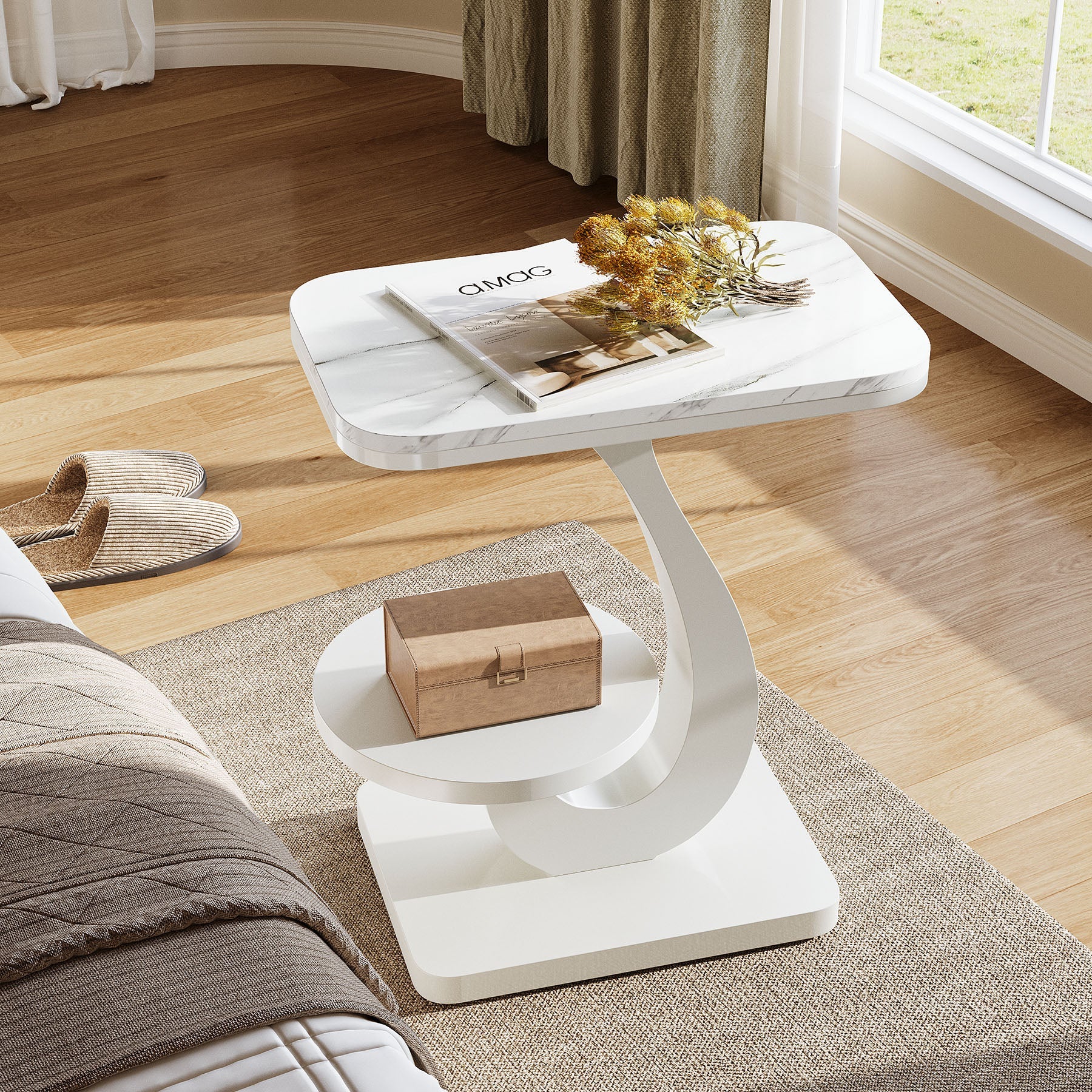 Tribesigns Table d'appoint étroite en forme de C à 2 niveaux, Table de chevet et table de canapé aspect marbre pour salon et chambre